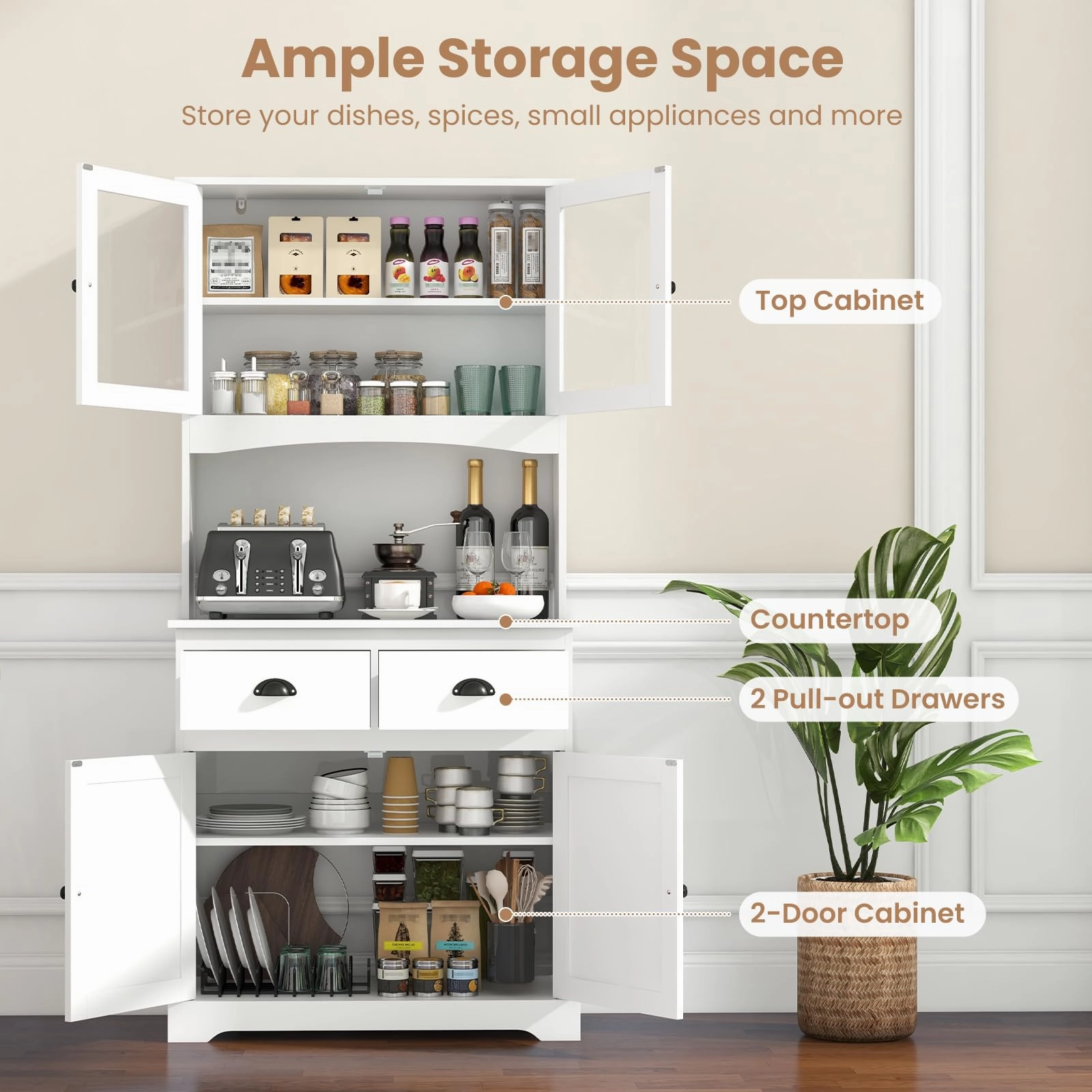 Giantex 67" Pantry Organizers, Freestanding Tall Buffet Cabinet with Hutch and 2 Drawers, Wooden Cupboard with Glass Doors