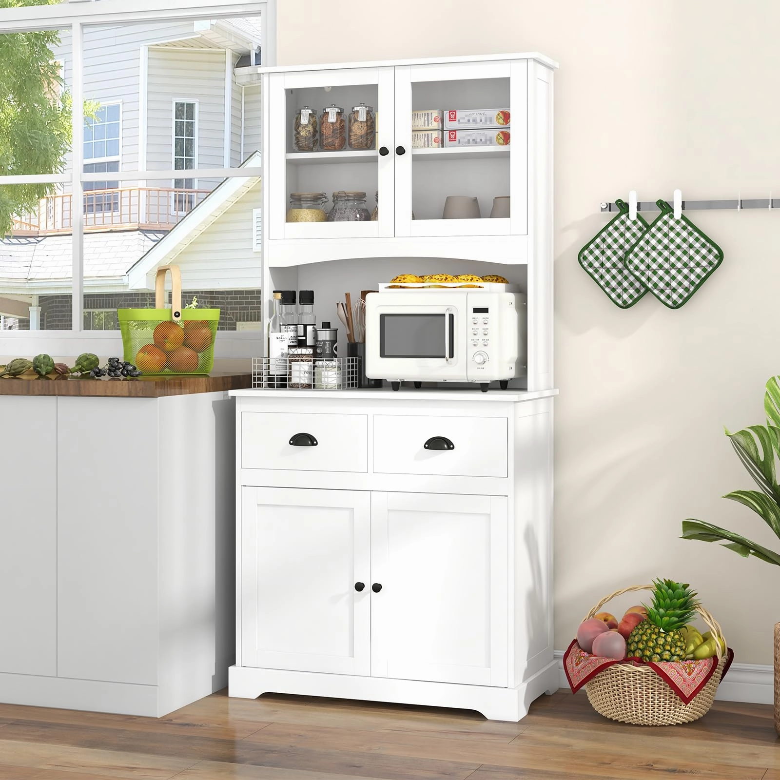 Giantex 67" Pantry Organizers, Freestanding Tall Buffet Cabinet with Hutch and 2 Drawers, Wooden Cupboard with Glass Doors