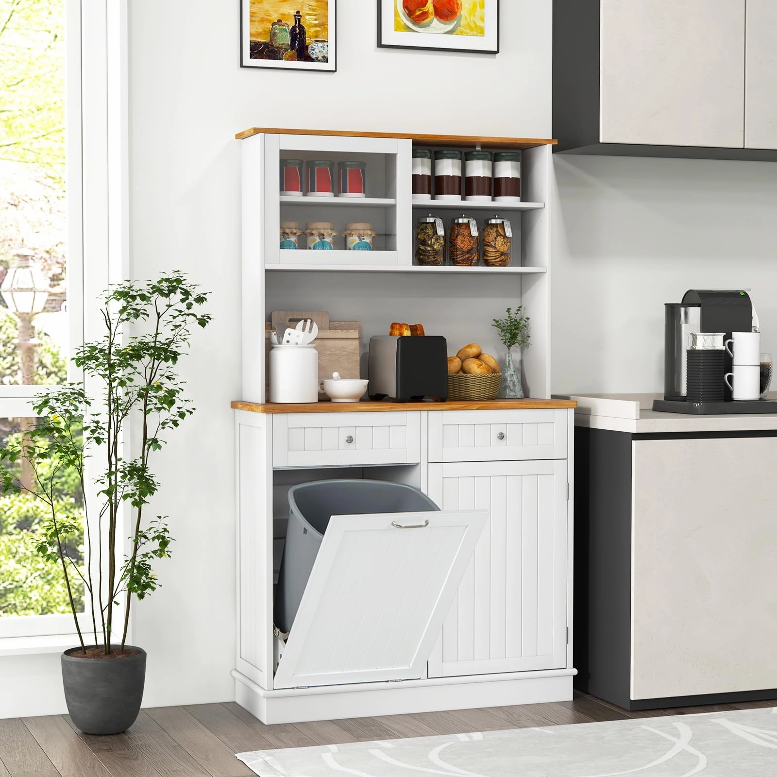 Giantex 68 Tall Kitchen Pantry, Buffet Hutch w/Tilt Out Trash Can Storage Cabinet, 2 Drawer, Shelves