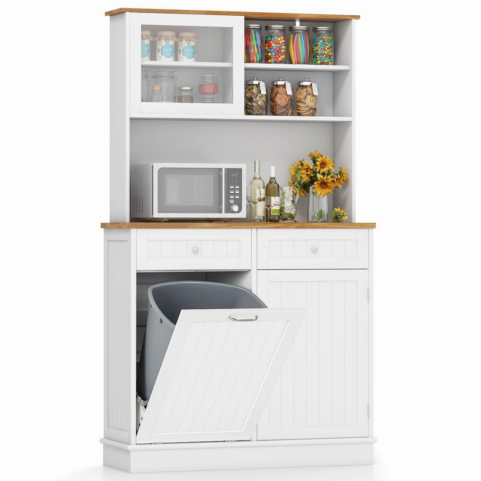 Giantex 68 Tall Kitchen Pantry, Buffet Hutch w/Tilt Out Trash Can Storage Cabinet, 2 Drawer, Shelves kitchen towel, placemats
