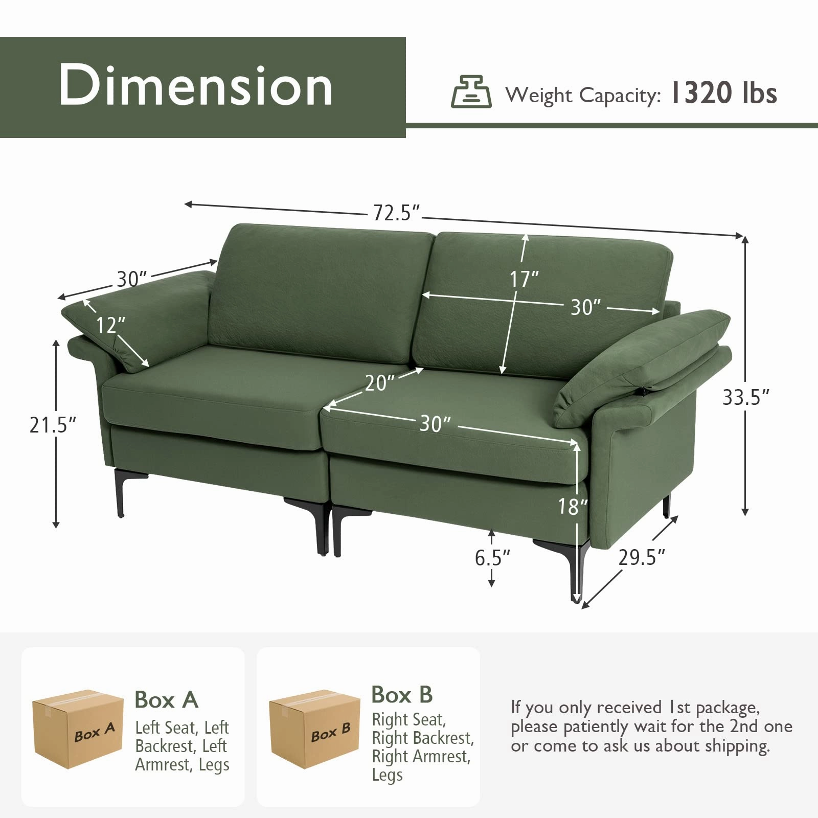 Giantex 72.5" L Loveseat, 2-Seat Sofa Couch with Removable Armrest Pillows