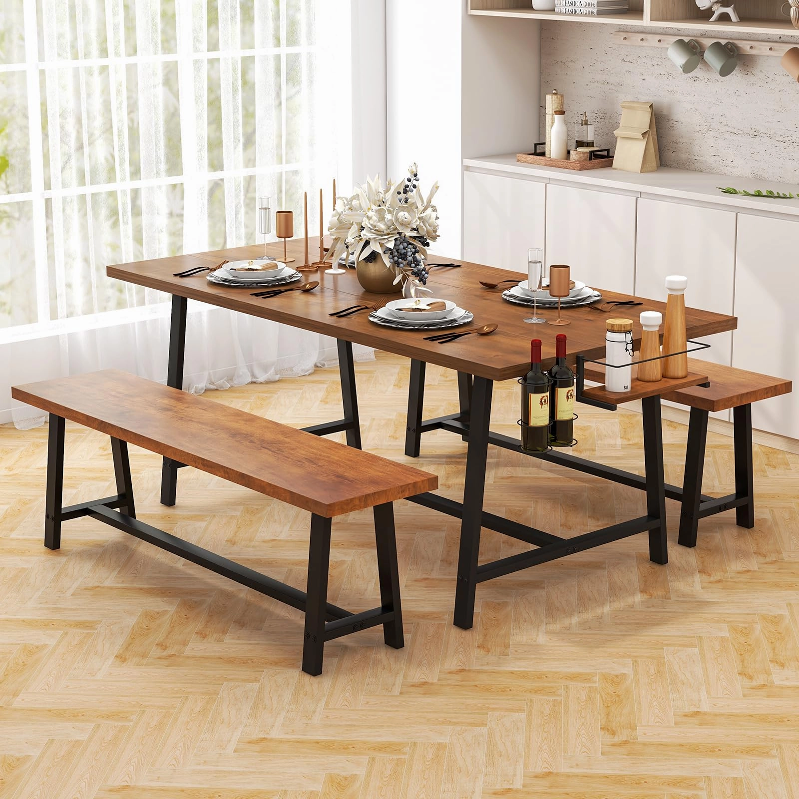 Giantex 72 Dining Table Set for 4-8, 3-Piece Kitchen Table Set with 2 Benches