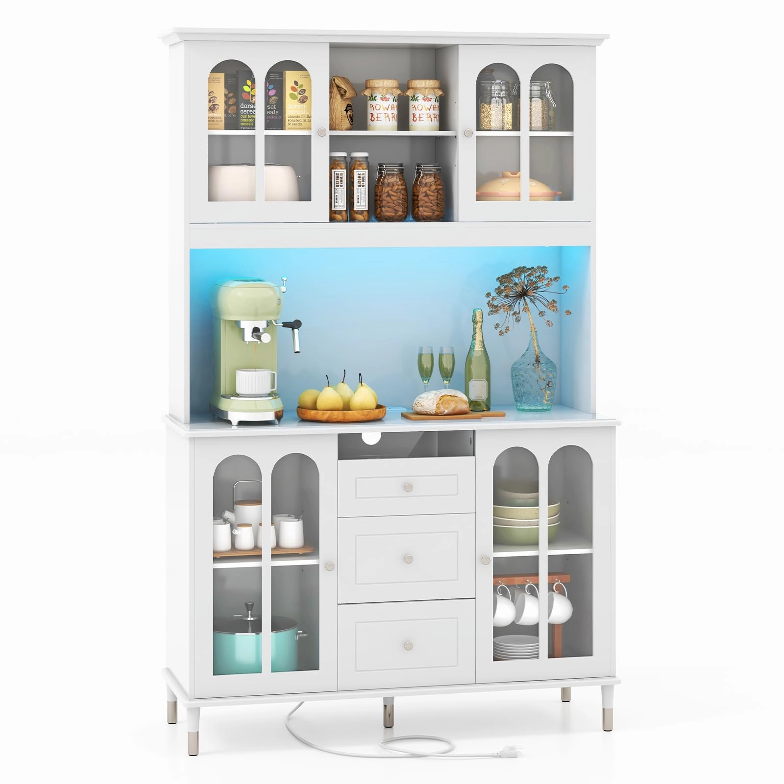 Giantex 73" Kitchen Pantry Cabinet, Kitchen Hutch Storage Cabinet with LED Lights and Charging Station kitchen towel, placemats