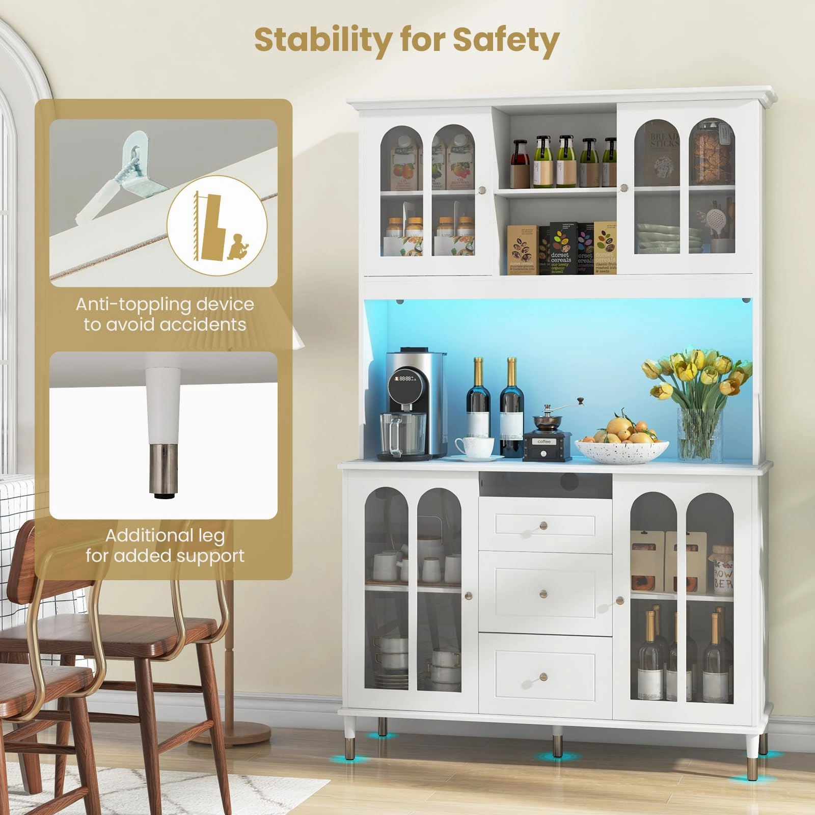 Giantex 73" Kitchen Pantry Cabinet, Kitchen Hutch Storage Cabinet with LED Lights and Charging Station