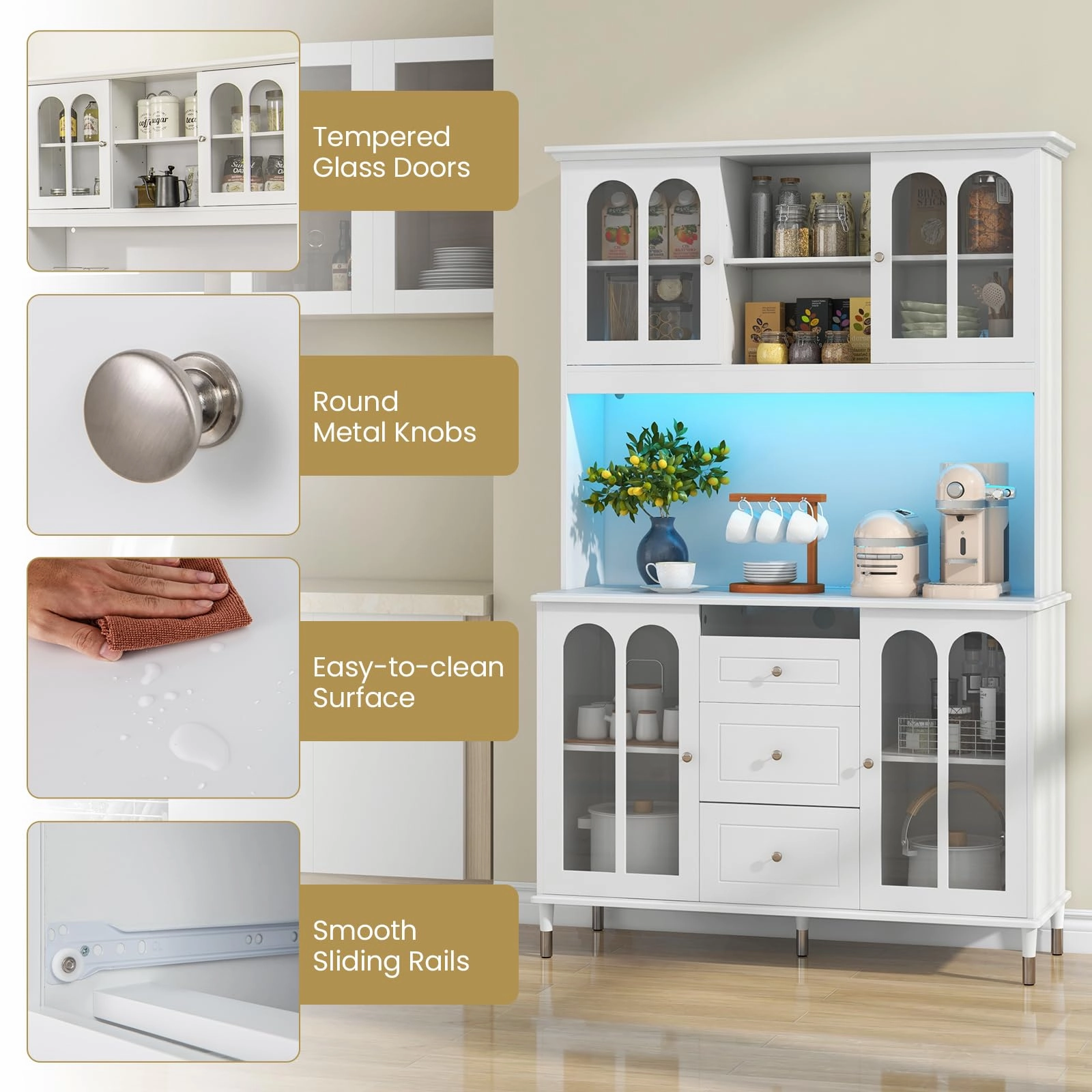 Giantex 73" Kitchen Pantry Cabinet, Kitchen Hutch Storage Cabinet with LED Lights and Charging Station