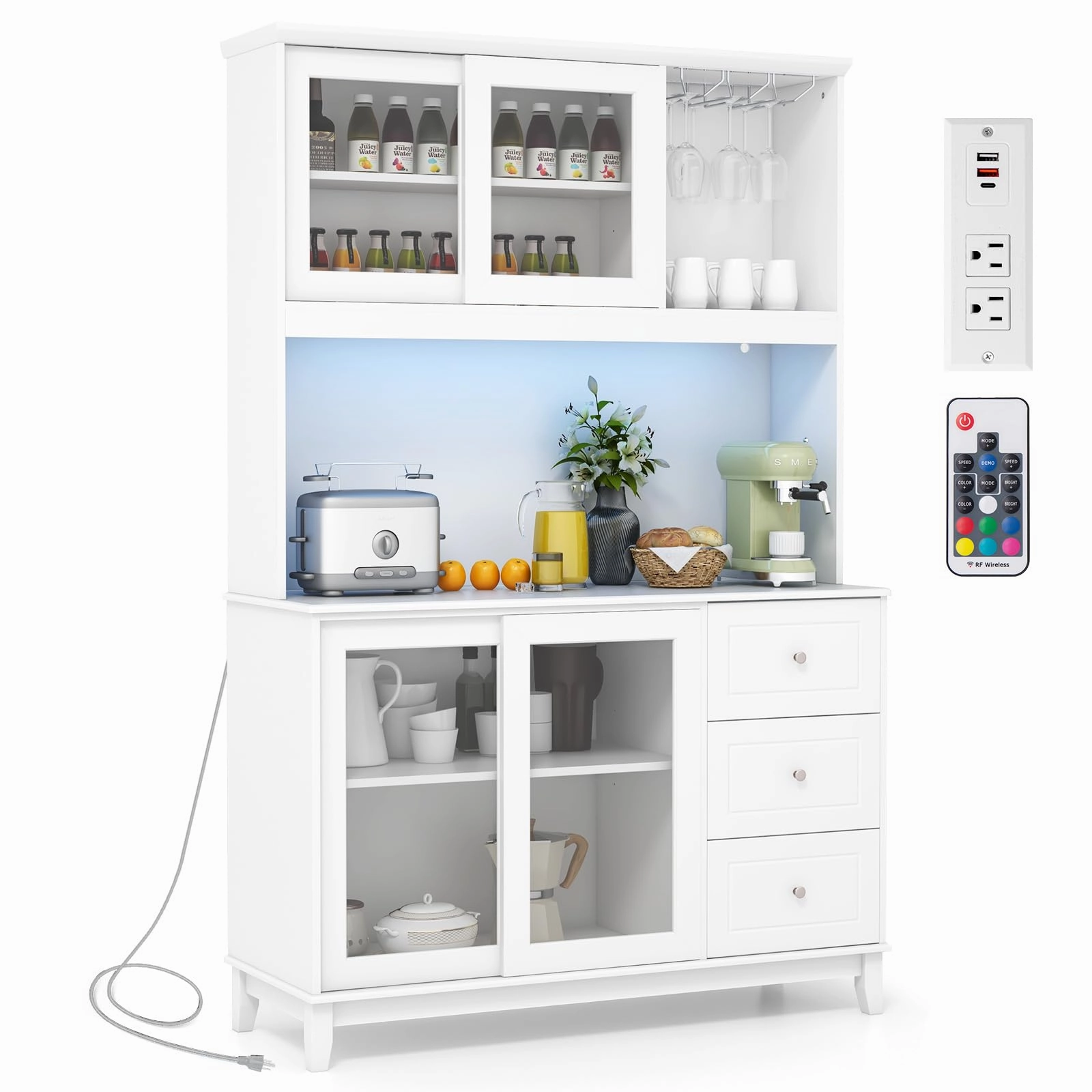 Giantex 73" Kitchen Pantry Storage Cabinet, Hutch Cabinet with LED Lights & Power Outlet, Kitchen Buffet Cabinet w/Wine Glass Racks kitchen towel, placemats