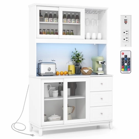 Giantex 73" Kitchen Pantry Storage Cabinet, Hutch Cabinet with LED Lights & Power Outlet, Kitchen Buffet Cabinet w/Wine Glass Racks kitchen towel, placemats