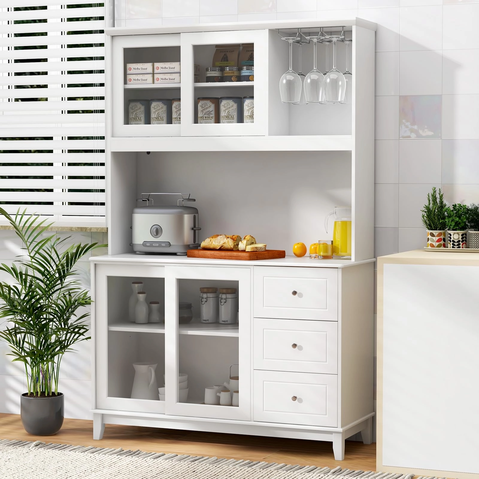 Giantex 73" Kitchen Pantry Storage Cabinet, Hutch Cabinet with LED Lights & Power Outlet, Kitchen Buffet Cabinet w/Wine Glass Racks
