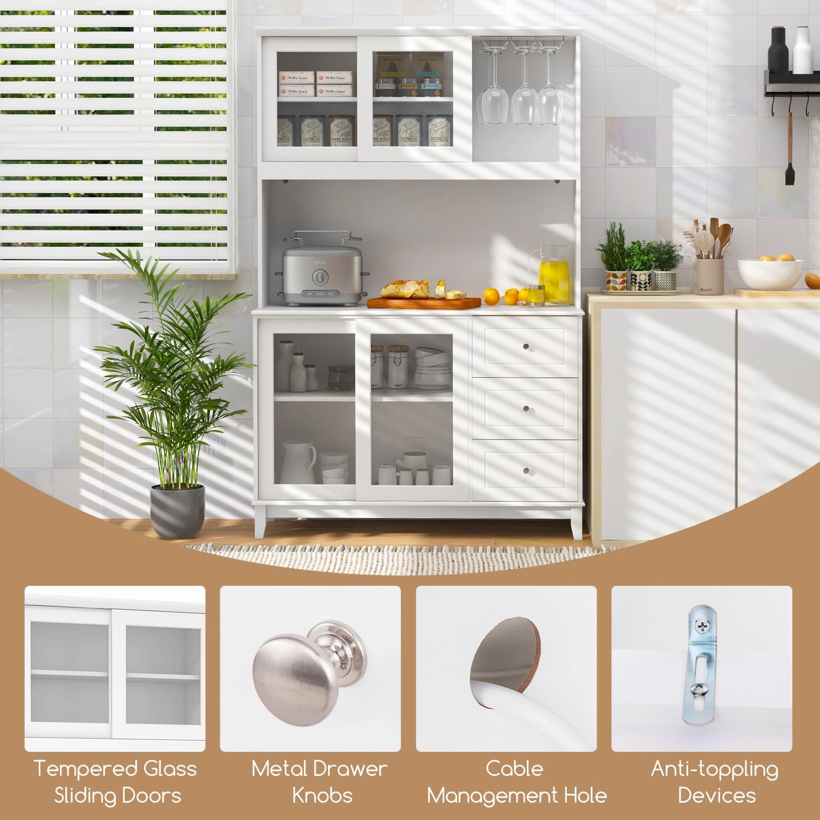 Giantex 73" Kitchen Pantry Storage Cabinet, Hutch Cabinet with LED Lights & Power Outlet, Kitchen Buffet Cabinet w/Wine Glass Racks