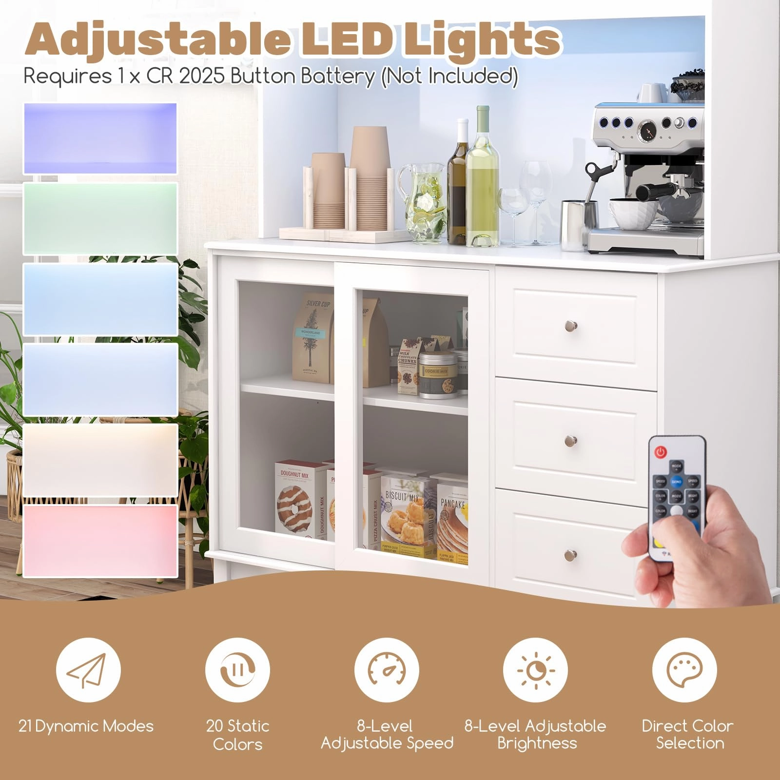 Giantex 73" Kitchen Pantry Storage Cabinet, Hutch Cabinet with LED Lights & Power Outlet, Kitchen Buffet Cabinet w/Wine Glass Racks
