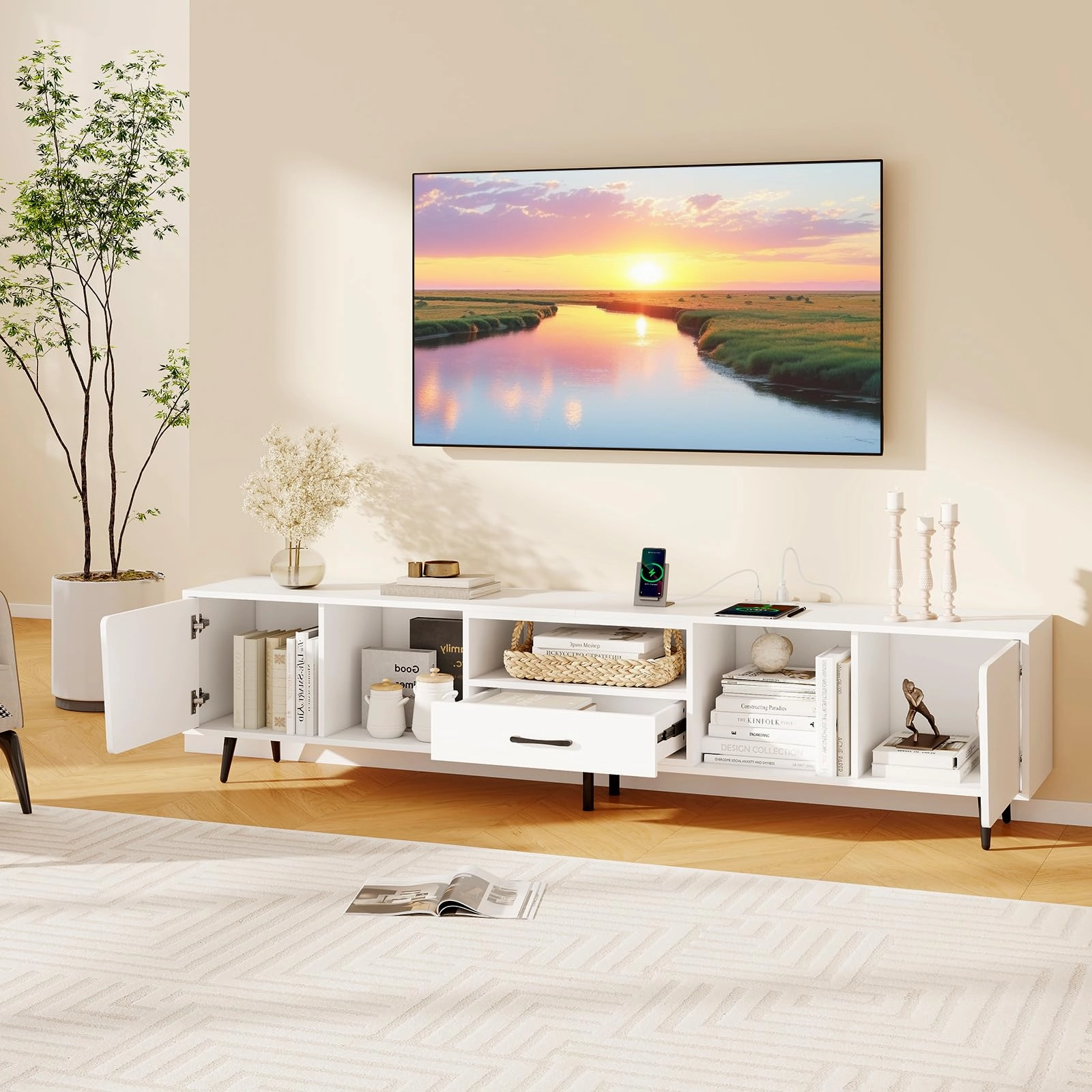 Giantex 79" White TV Stand with Power Outlets