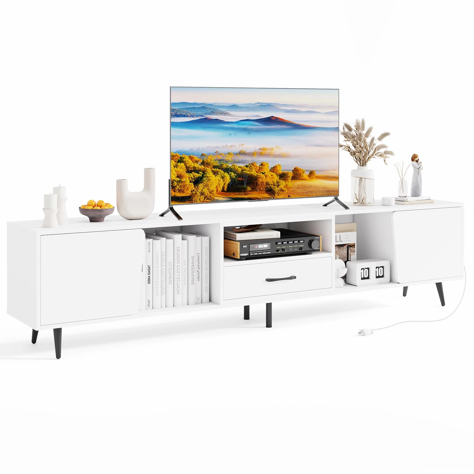 Giantex 79" White TV Stand with Power Outlets doormat, welcome mat