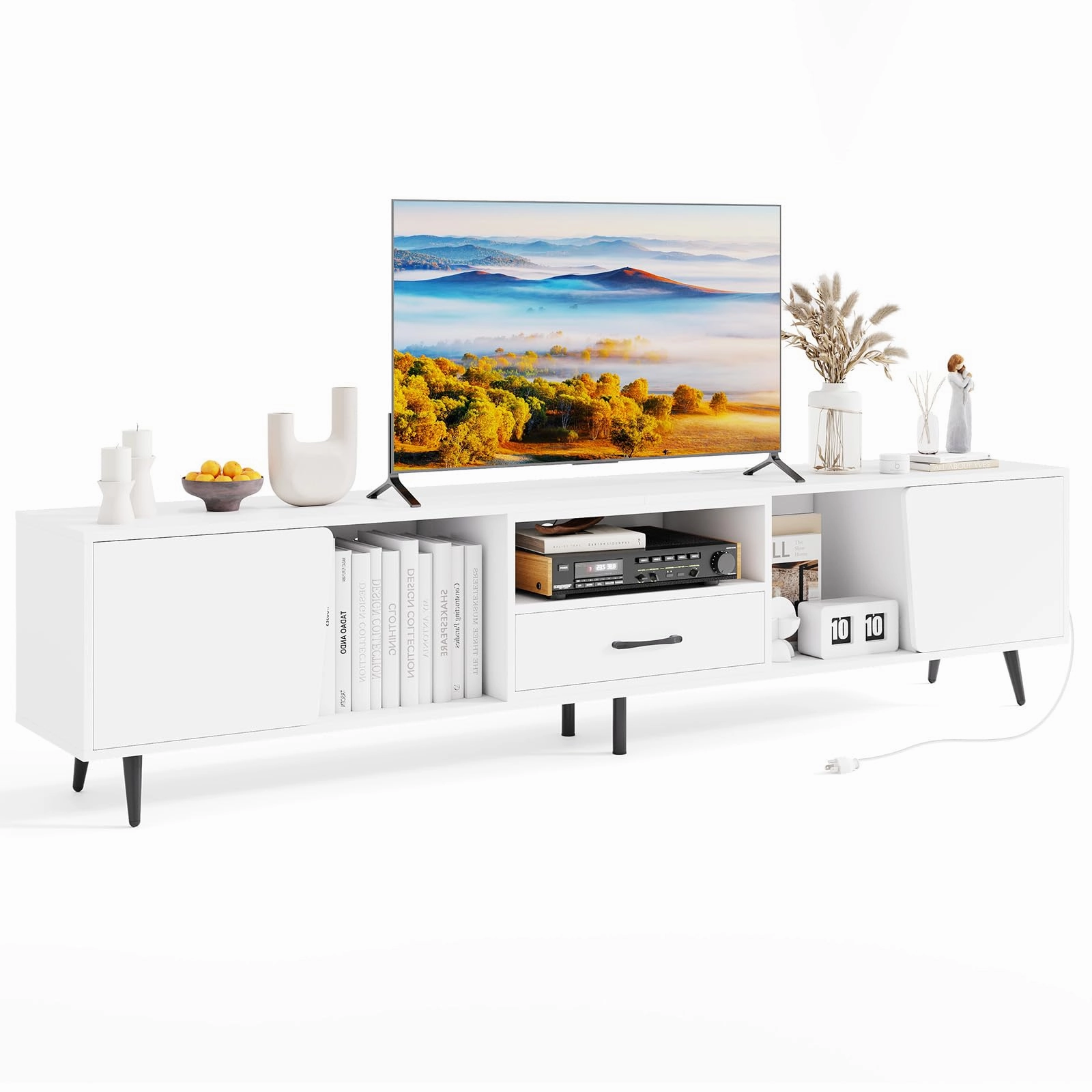 Giantex 79" White TV Stand with Power Outlets throw pillow, fuzzy blanket