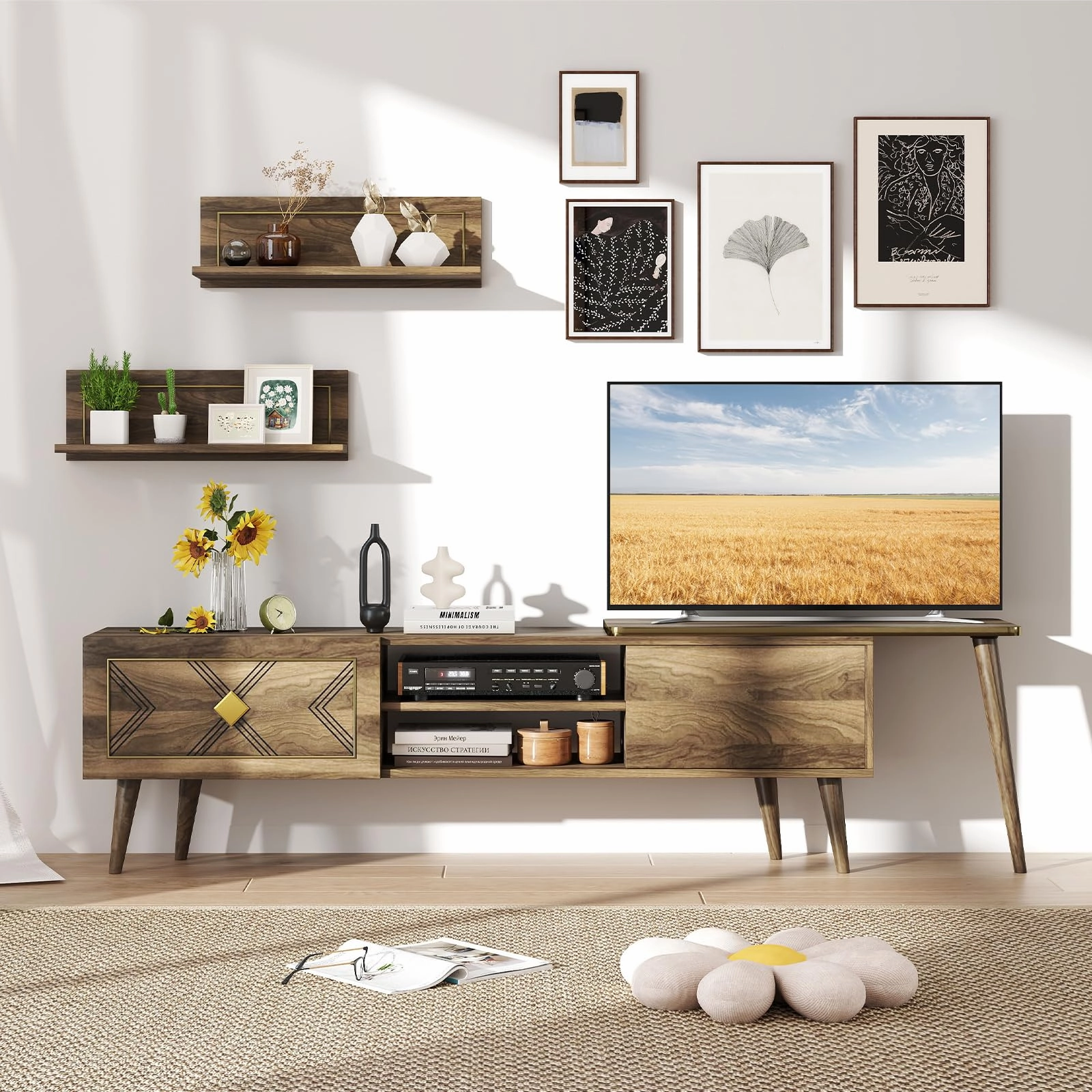 Giantex 85 Inch TV Stand and 2 Floating Shelves Set