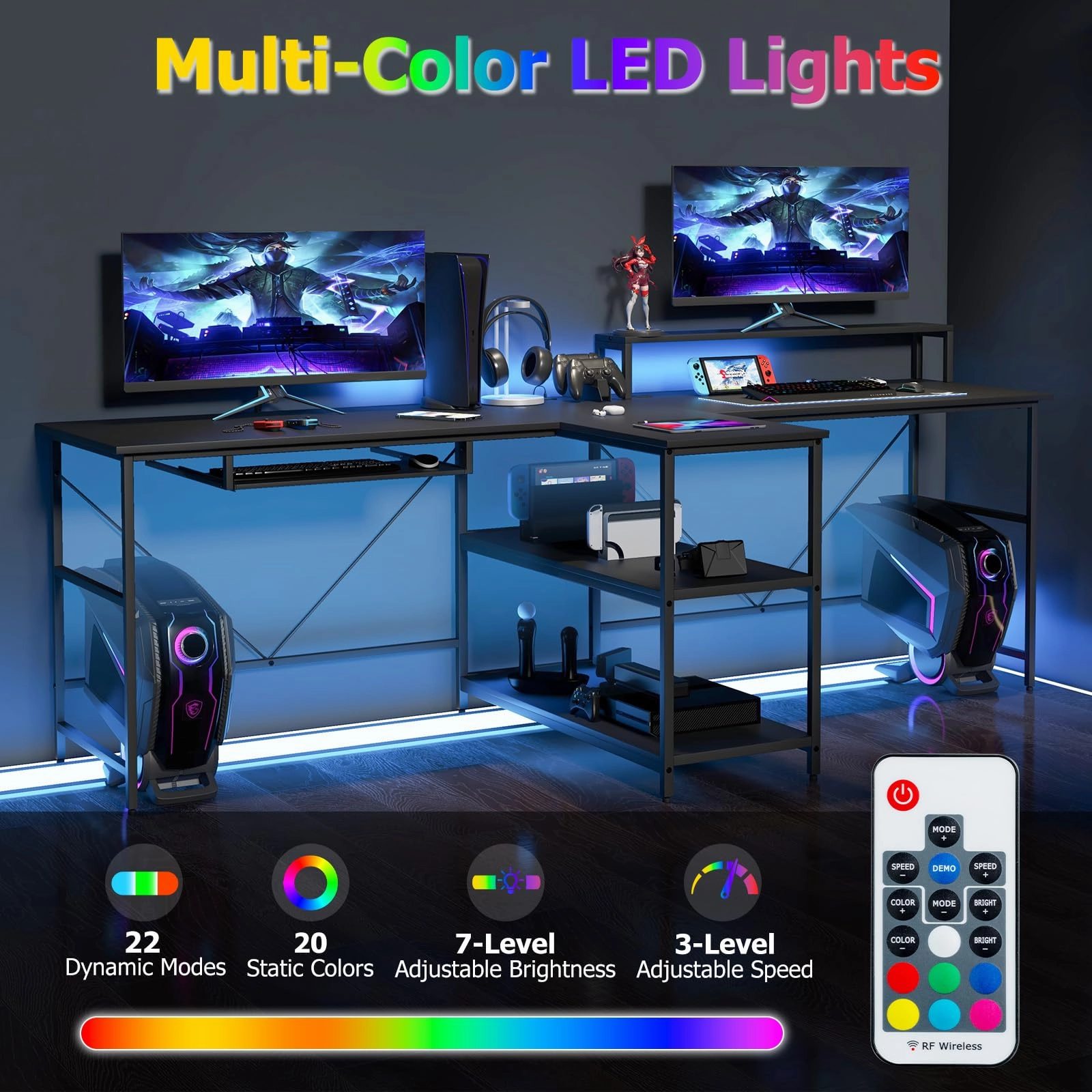 Giantex 94.5 2 Person Desk with LED Lights, Long PC Study Desk with Storage Shelves, Power Outlets