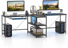 Giantex 94.5 2 Person Desk with LED Lights, Long PC Study Desk with Storage Shelves, Power Outlets patio decor, garden accessories
