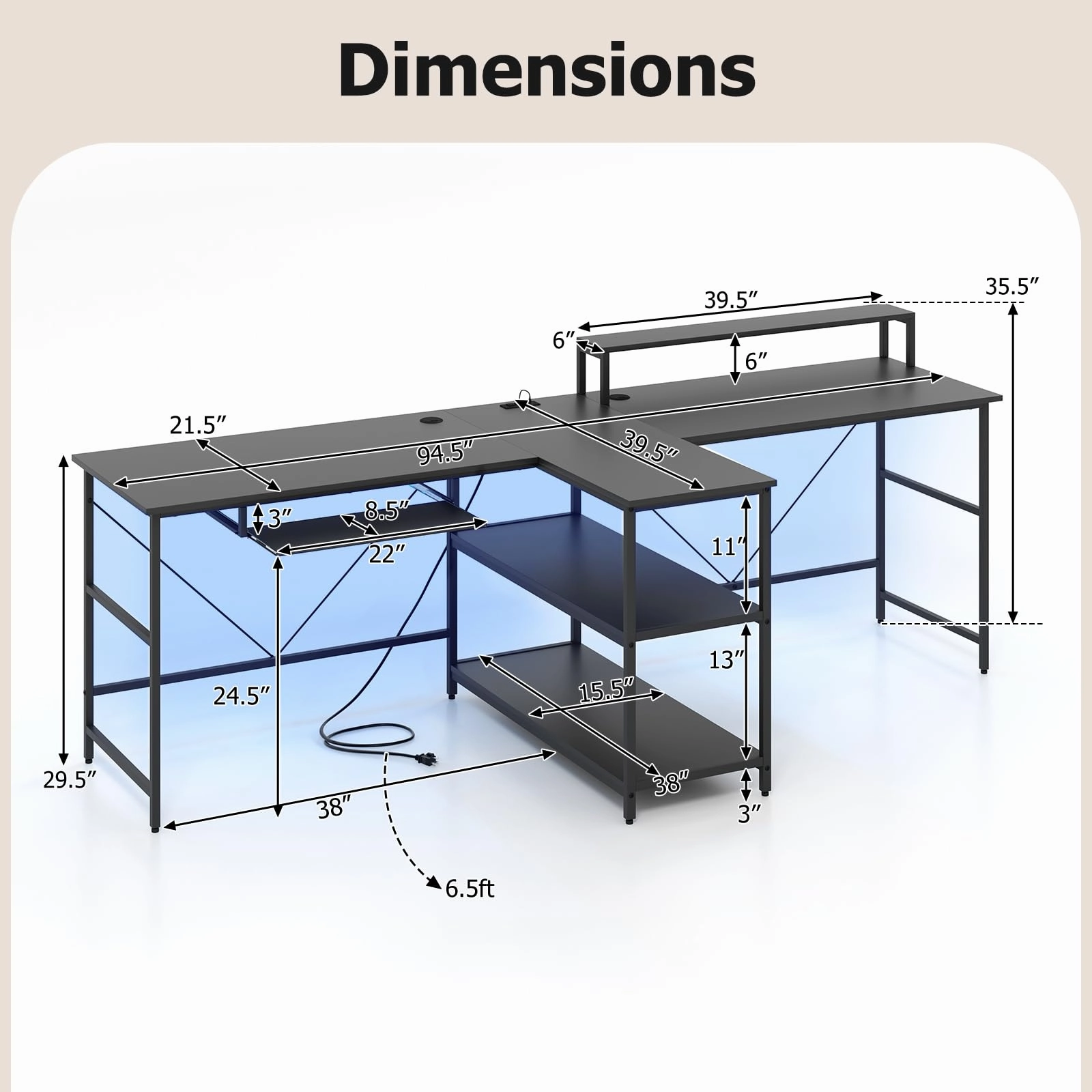 Giantex 94.5 2 Person Desk with LED Lights, Long PC Study Desk with Storage Shelves, Power Outlets