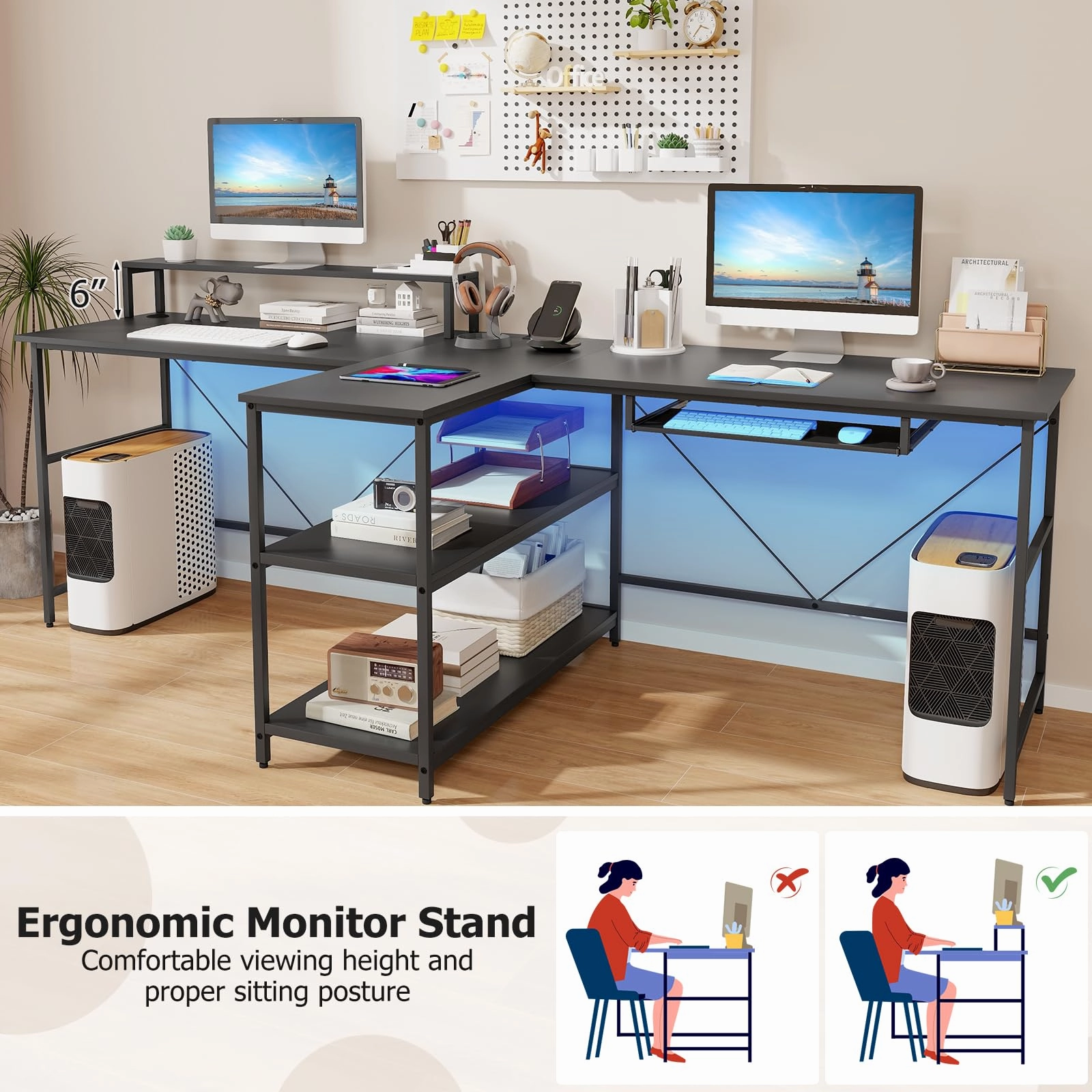 Giantex 94.5 2 Person Desk with LED Lights, Long PC Study Desk with Storage Shelves, Power Outlets