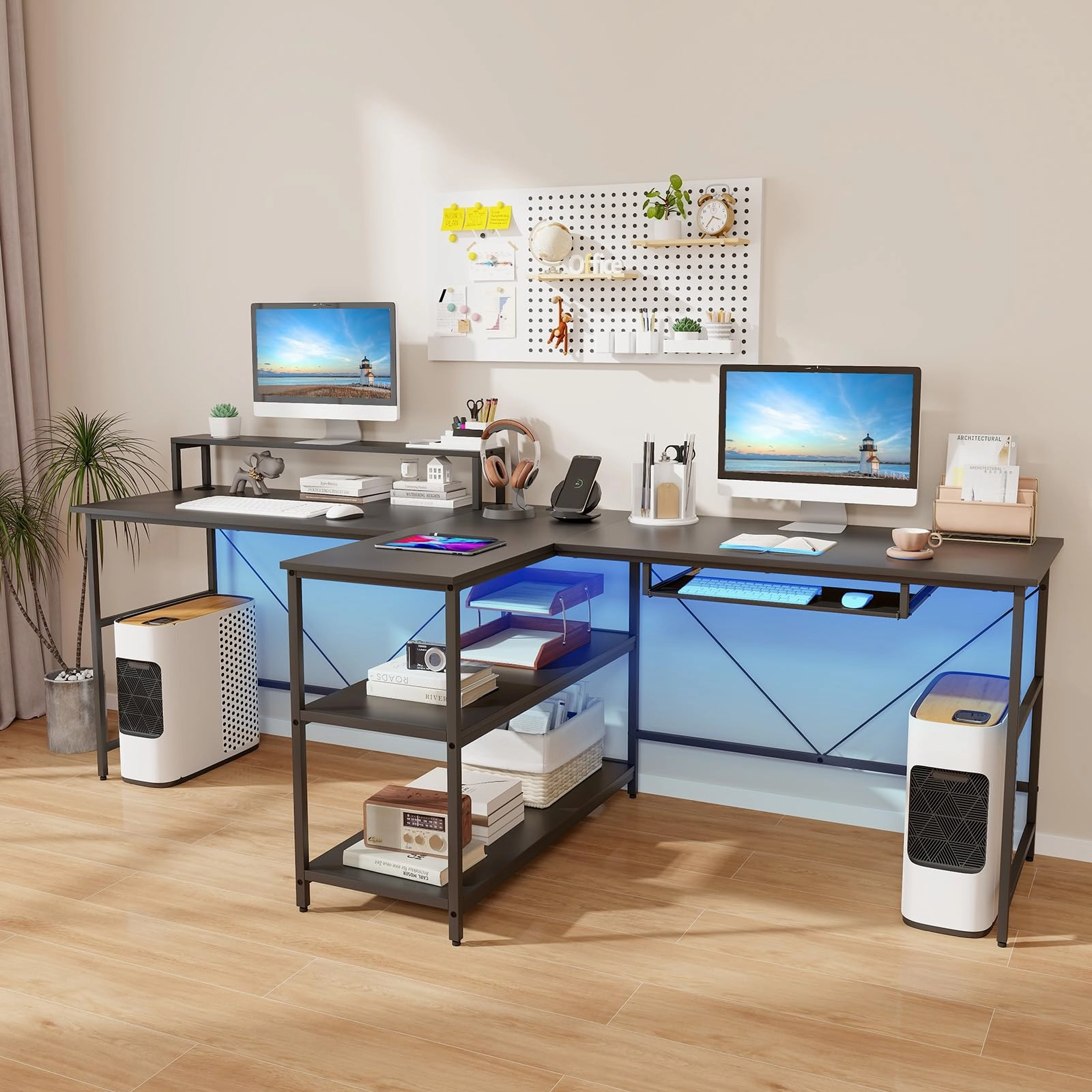 Giantex 94.5 2 Person Desk with LED Lights, Long PC Study Desk with Storage Shelves, Power Outlets