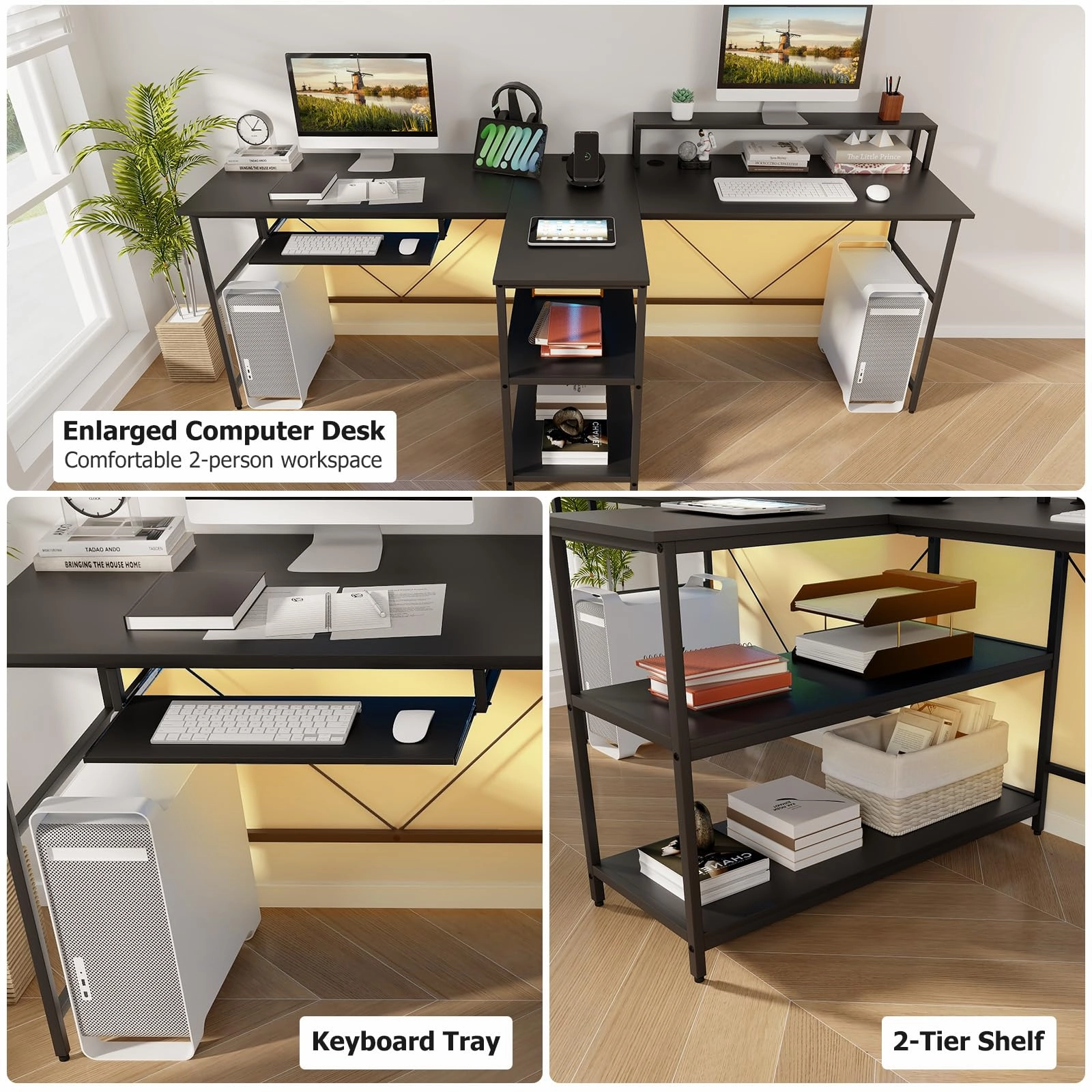 Giantex 94.5 2 Person Desk with LED Lights, Long PC Study Desk with Storage Shelves, Power Outlets