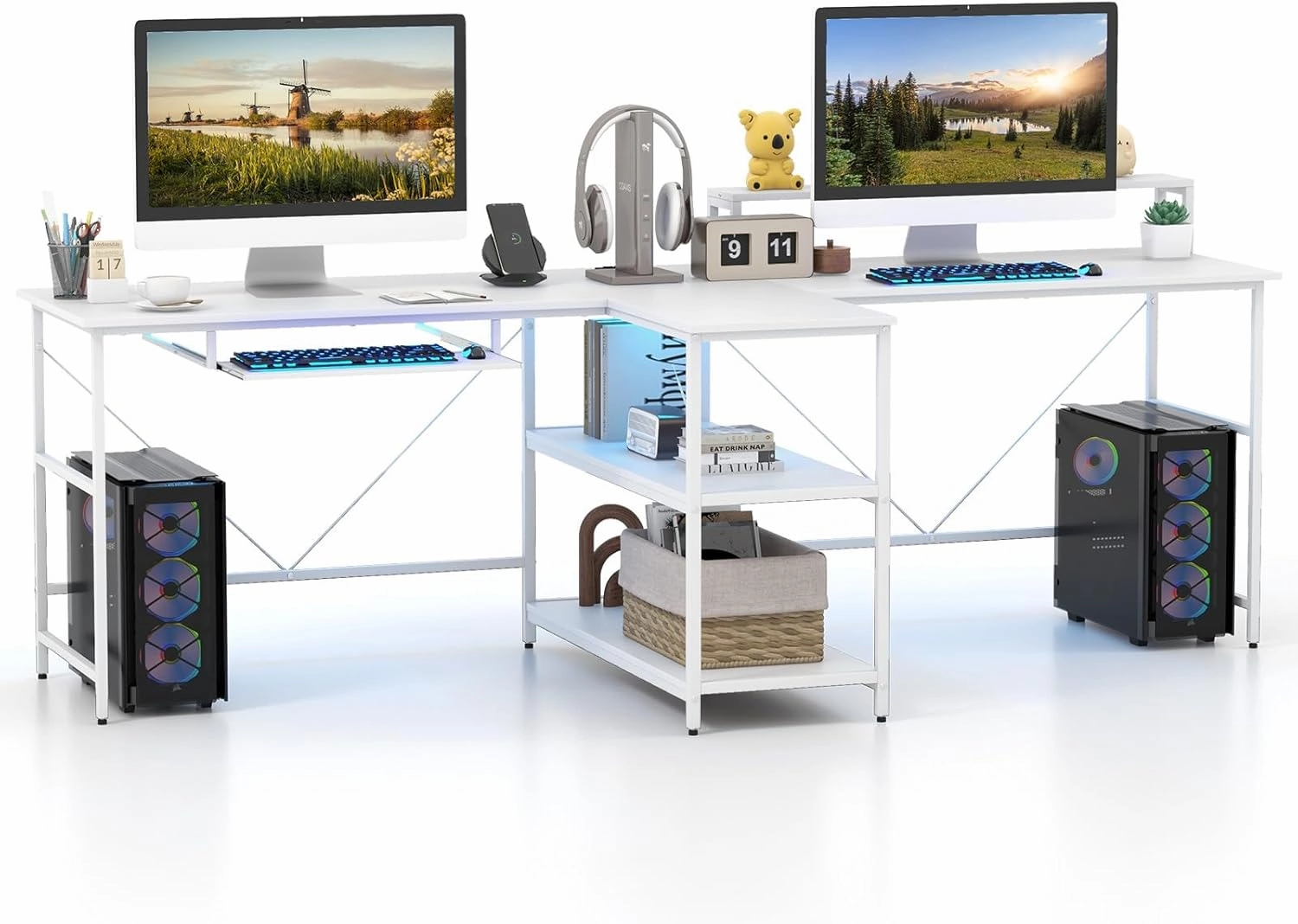 Giantex 94.5 2 Person Desk with LED Lights, Long PC Study Desk with Storage Shelves, Power Outlets
