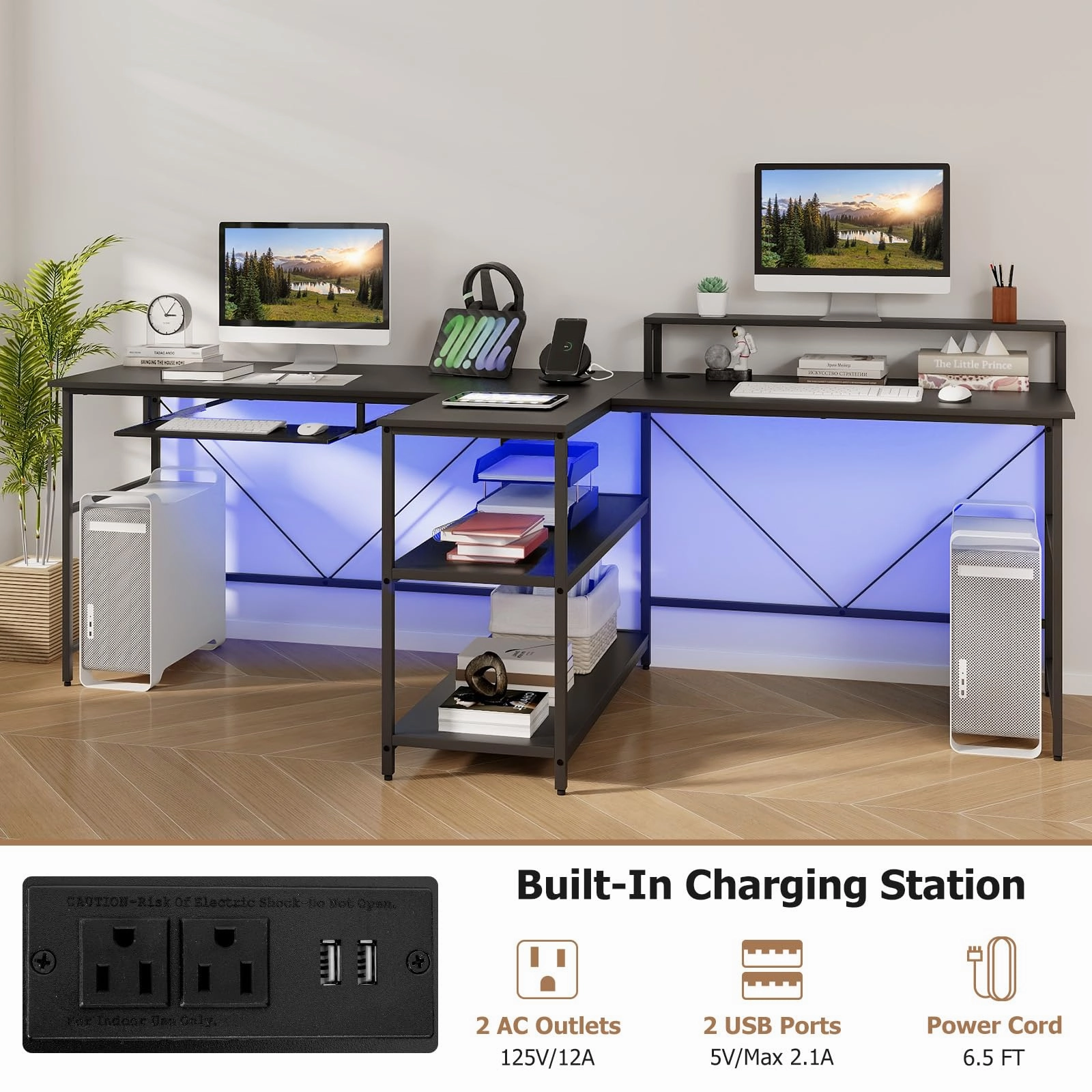Giantex 94.5 2 Person Desk with LED Lights, Long PC Study Desk with Storage Shelves, Power Outlets