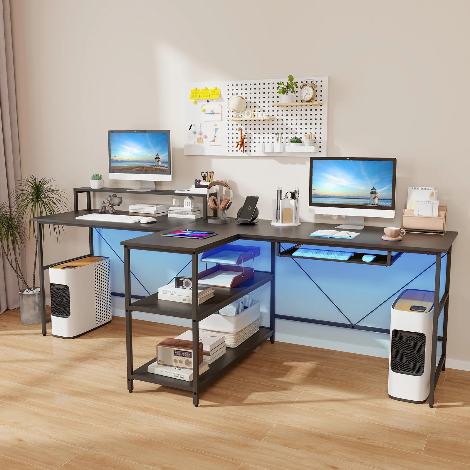Giantex 94.5 2 Person Desk with LED Lights, Long PC Study Desk with Storage Shelves, Power Outlets