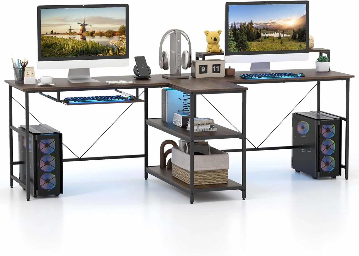 Giantex 94.5 2 Person Desk with LED Lights, Long PC Study Desk with Storage Shelves, Power Outlets