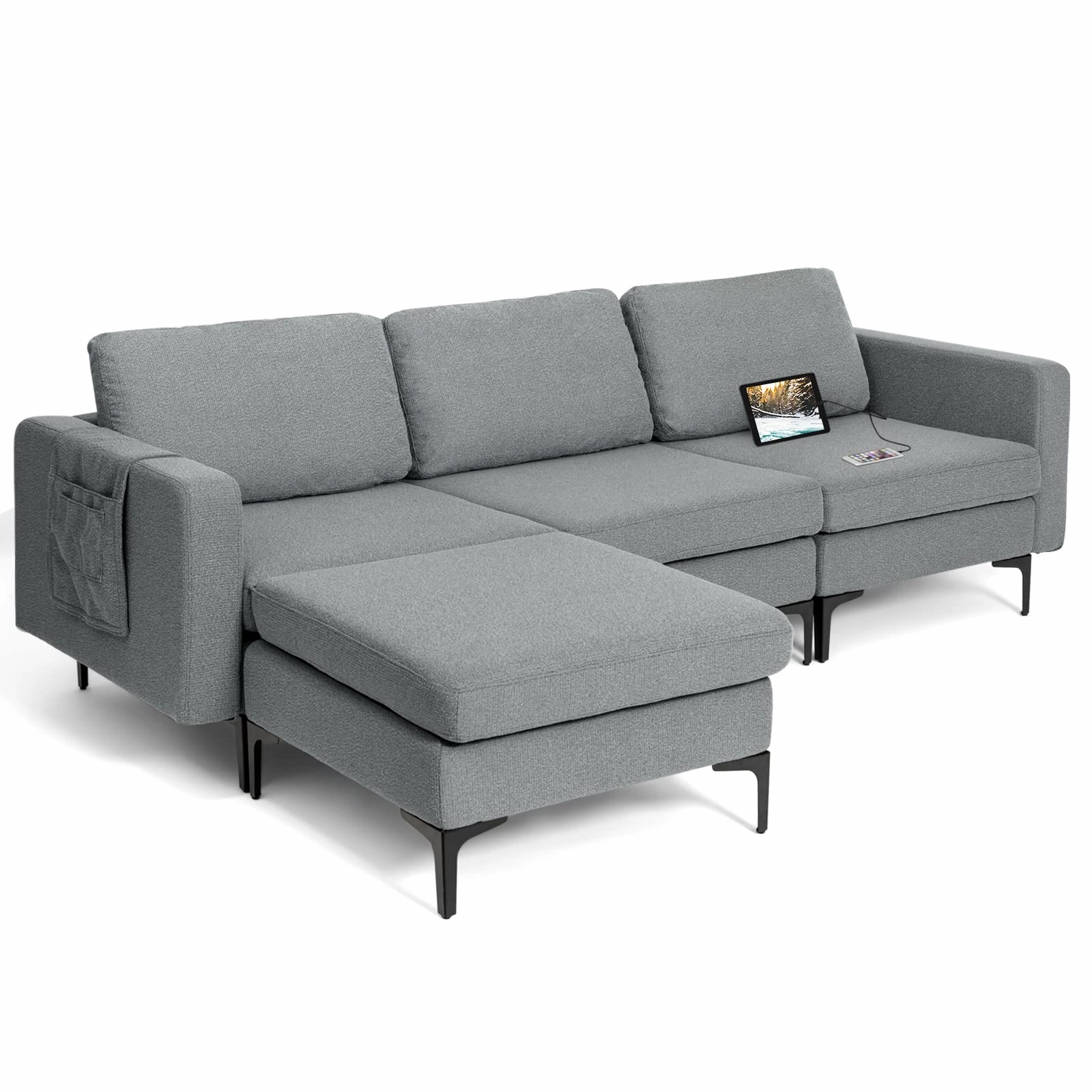Giantex 94.5" L Convertible Sofa Couch, 3 Seat Sectional Sleeper with USB Ports & Socket sectional sofa, corner couch