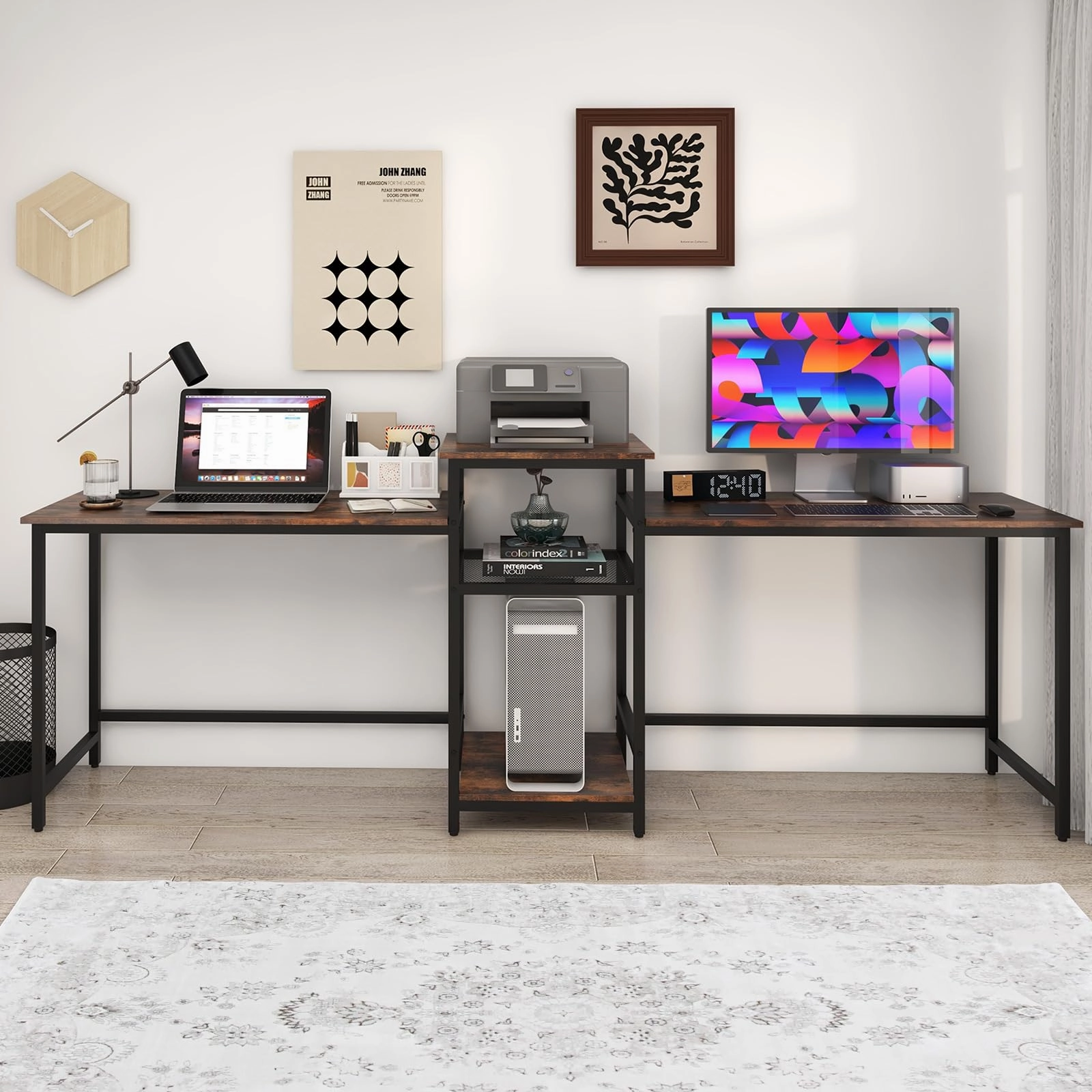 Giantex 97" 2 Person Desk with Power Outlets, Extra Long Double Computer Desk w/Printer Stand