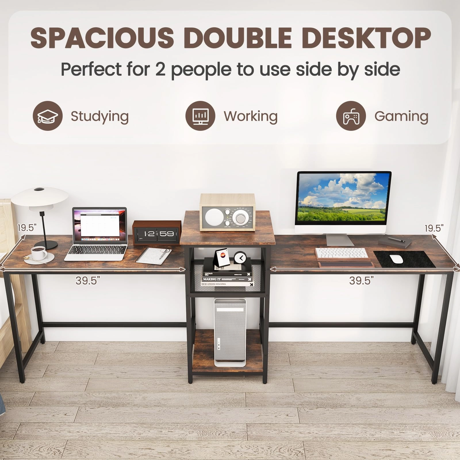 Giantex 97" 2 Person Desk with Power Outlets, Extra Long Double Computer Desk w/Printer Stand