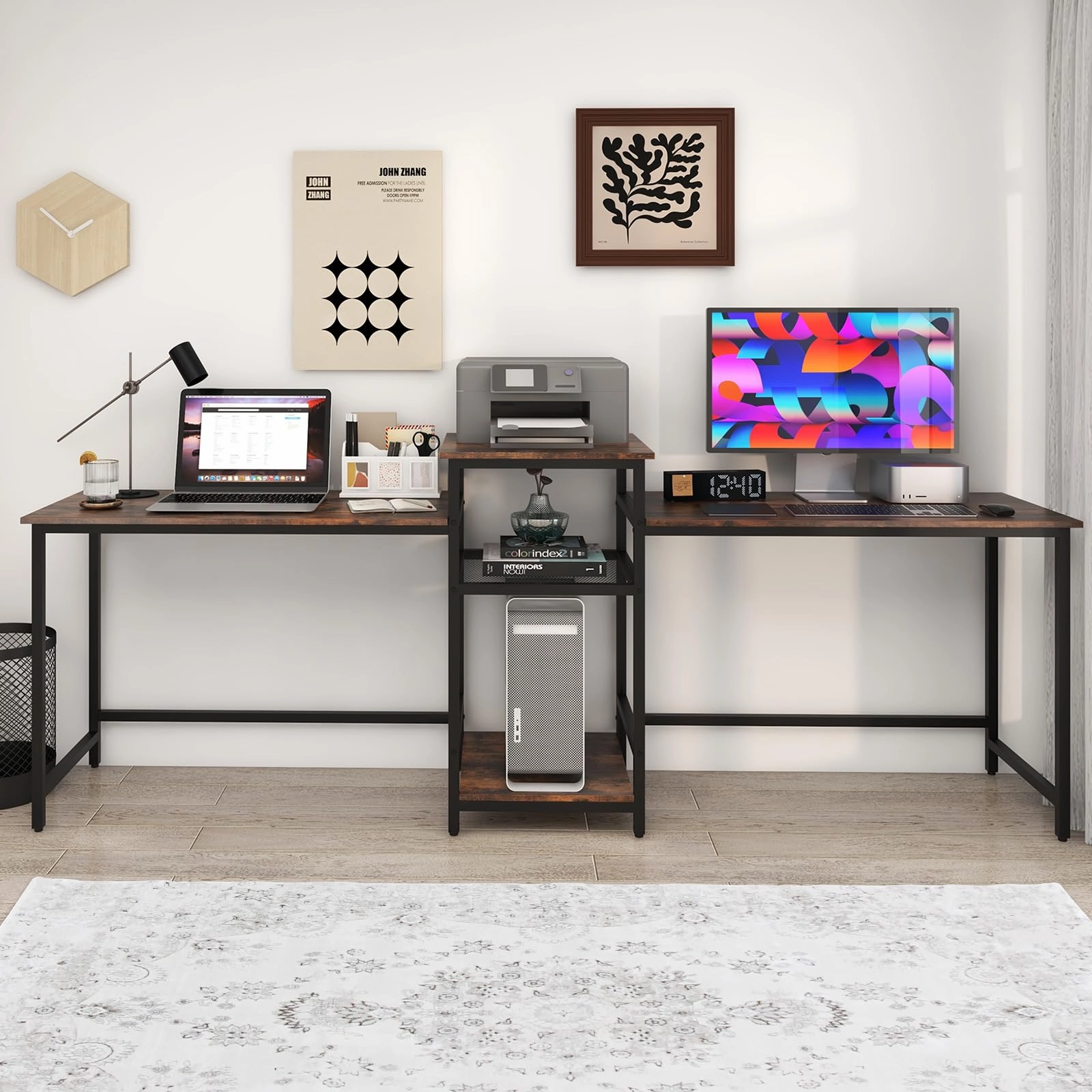 Giantex 97" 2 Person Desk with Power Outlets, Extra Long Double Computer Desk w/Printer Stand