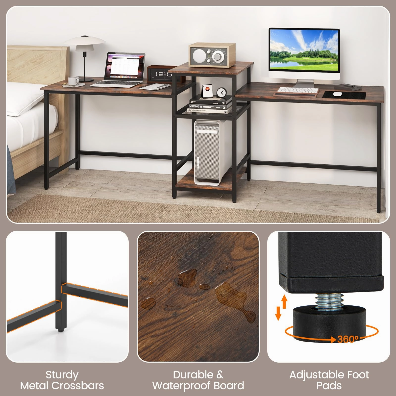 Giantex 97" 2 Person Desk with Power Outlets, Extra Long Double Computer Desk w/Printer Stand