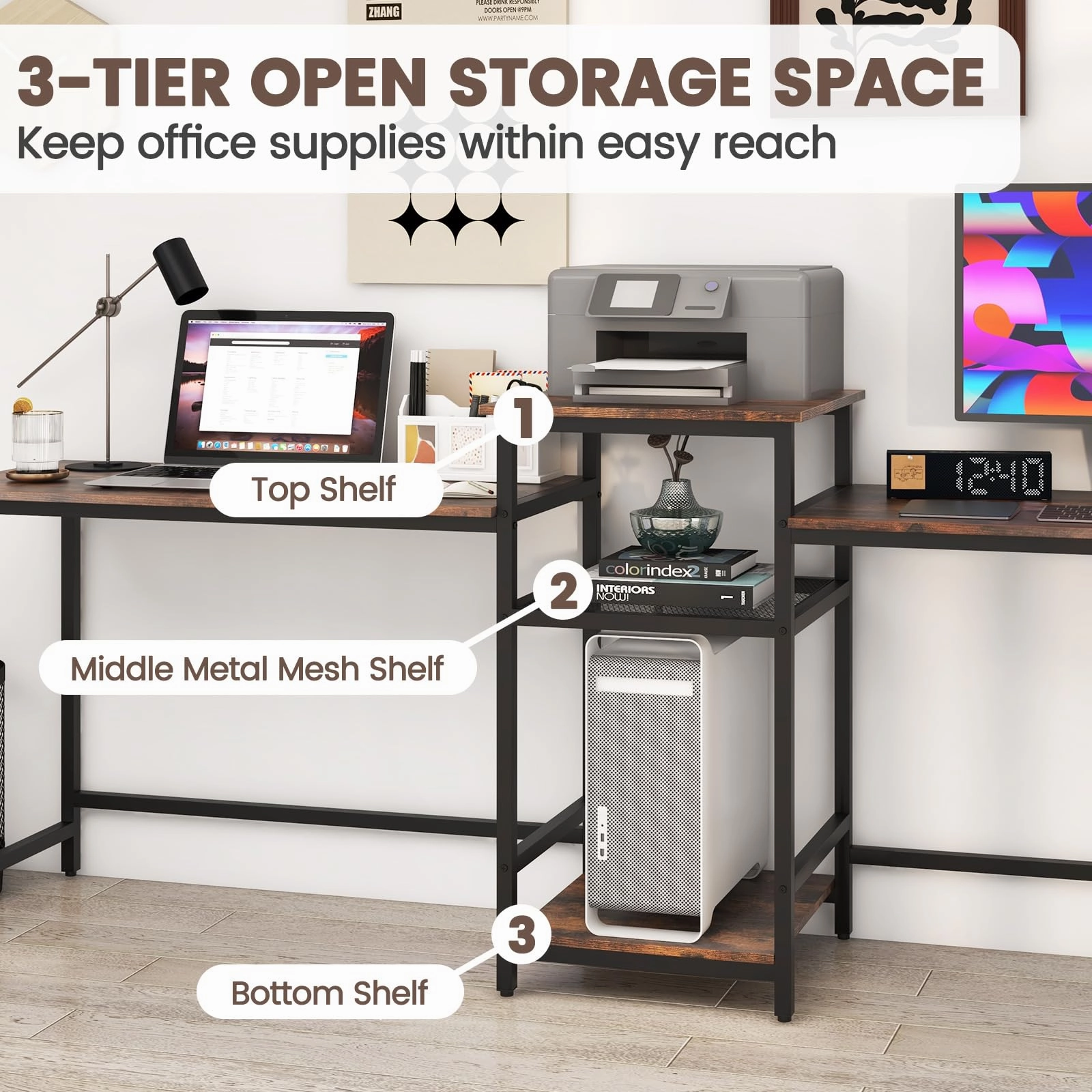Giantex 97" 2 Person Desk with Power Outlets, Extra Long Double Computer Desk w/Printer Stand
