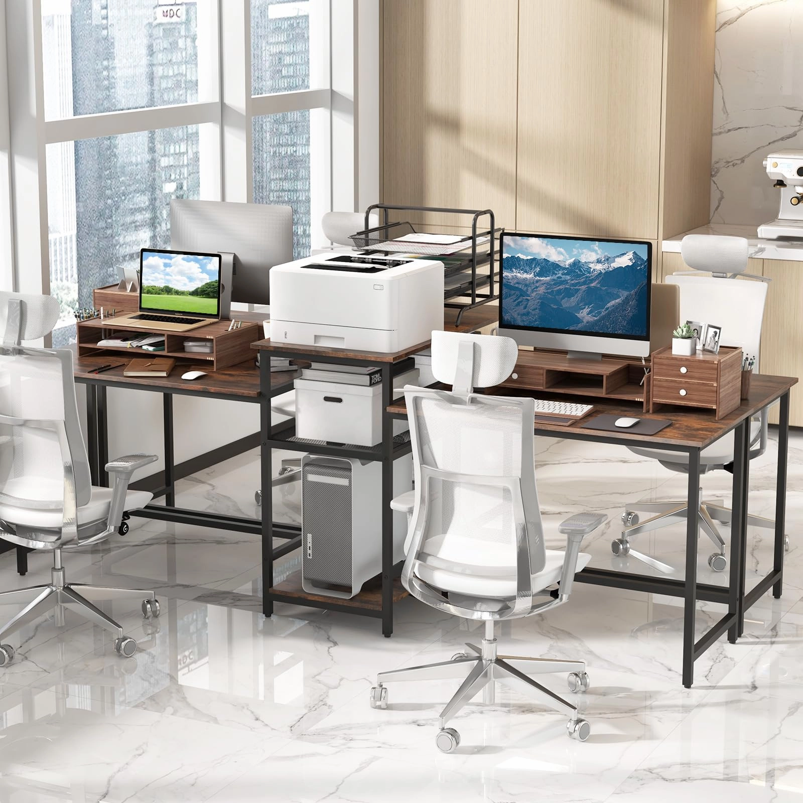 Giantex 97" 2 Person Desk with Power Outlets, Extra Long Double Computer Desk w/Printer Stand