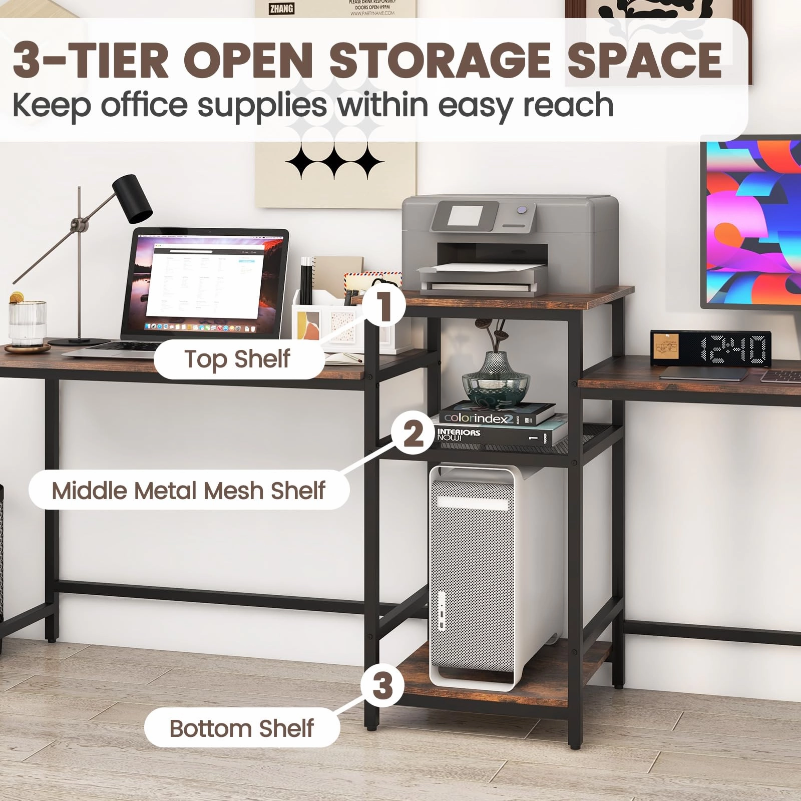 Giantex 97" 2 Person Desk with Power Outlets, Extra Long Double Computer Desk w/Printer Stand