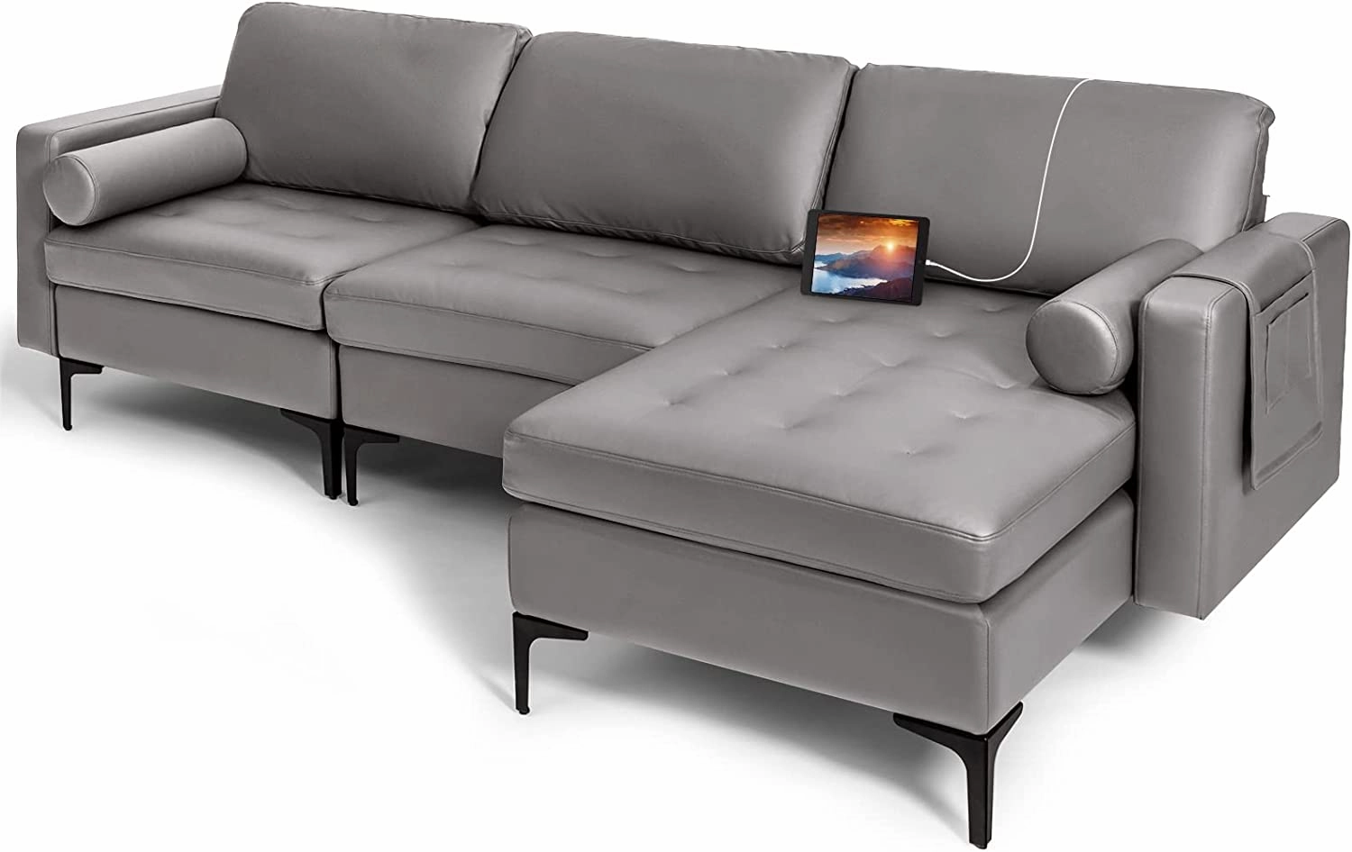 Giantex 97" Large Couch, 3 Seat Sectional Sofa Set, L-Shaped Modular Sleeper with Chaise Lounge & USB Port & Socket