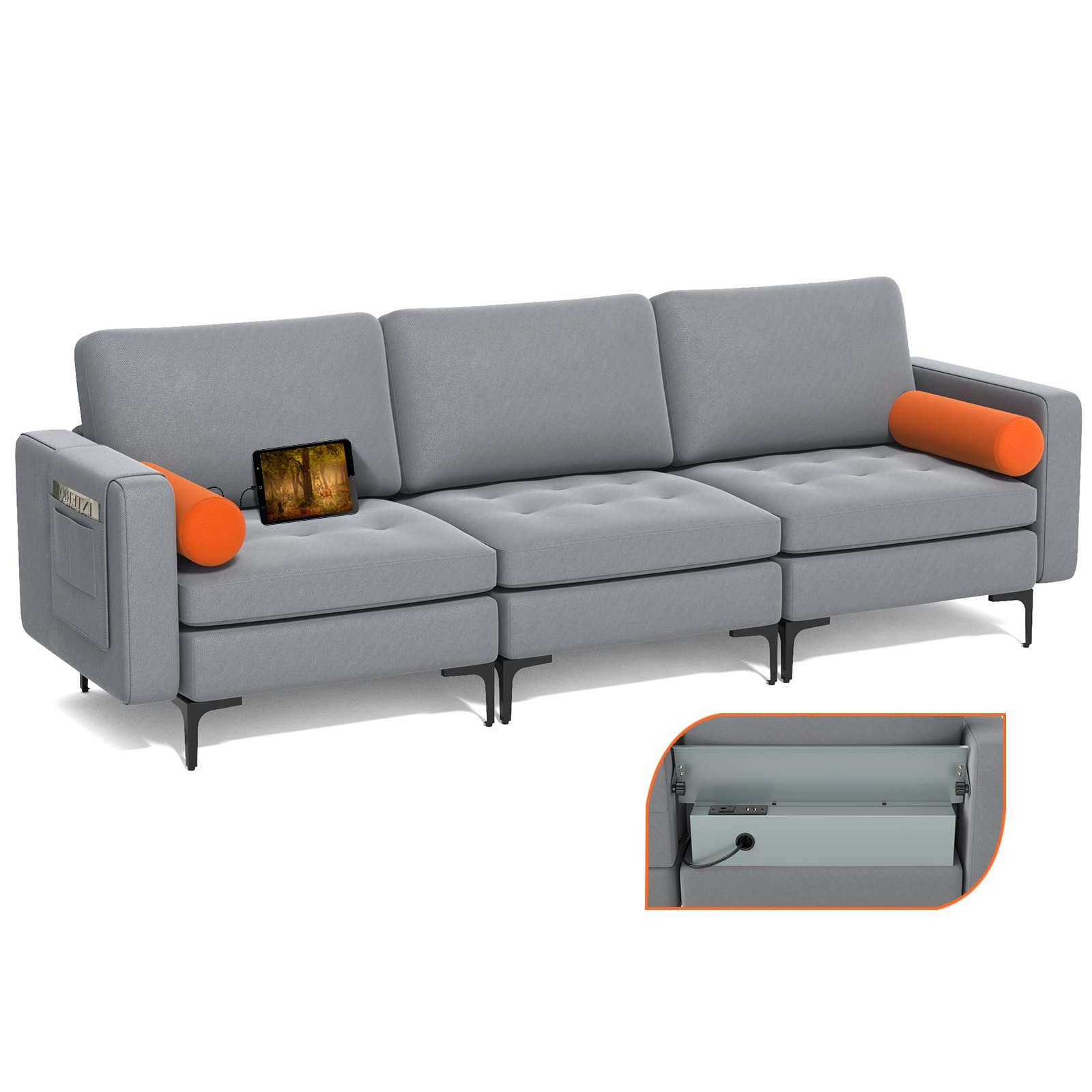 Giantex 97" Sectional Sofa Couch, 3-Seater Modular Sleeper with USB Ports storage ottoman, pouf