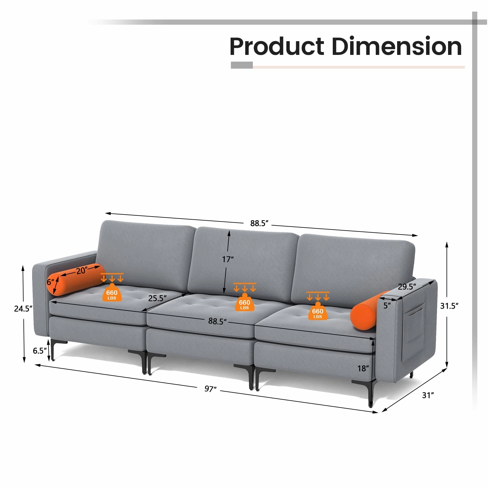 Giantex 97" Sectional Sofa Couch, 3-Seater Modular Sleeper with USB Ports
