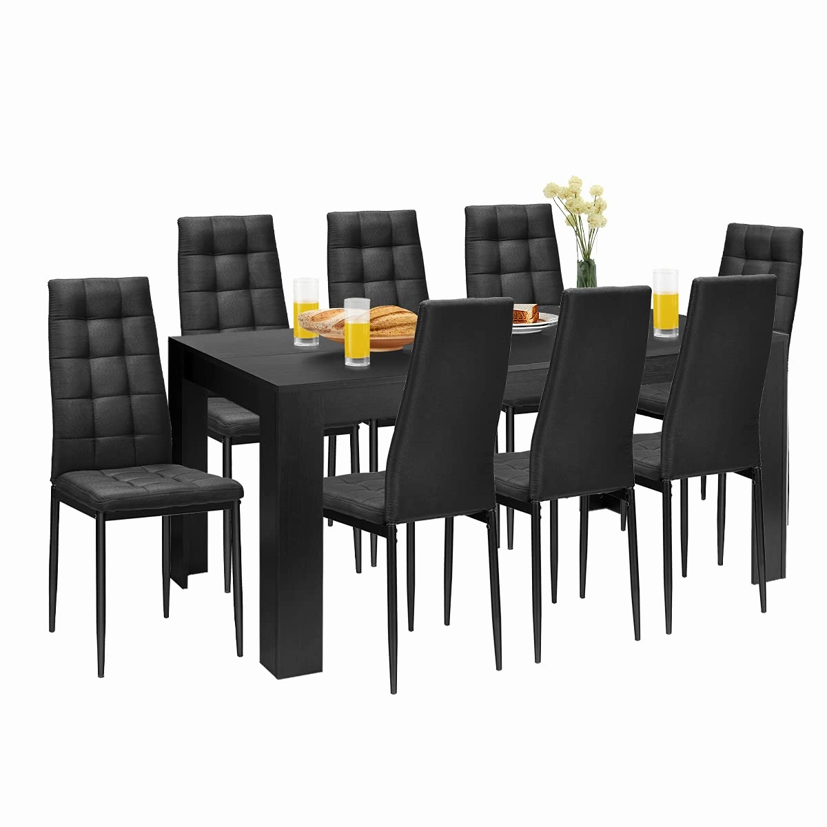 Giantex 9 Pcs Dining Table Set, Wood Rectangular Table with 8 Upholstered Chairs Set kitchen towel, placemats