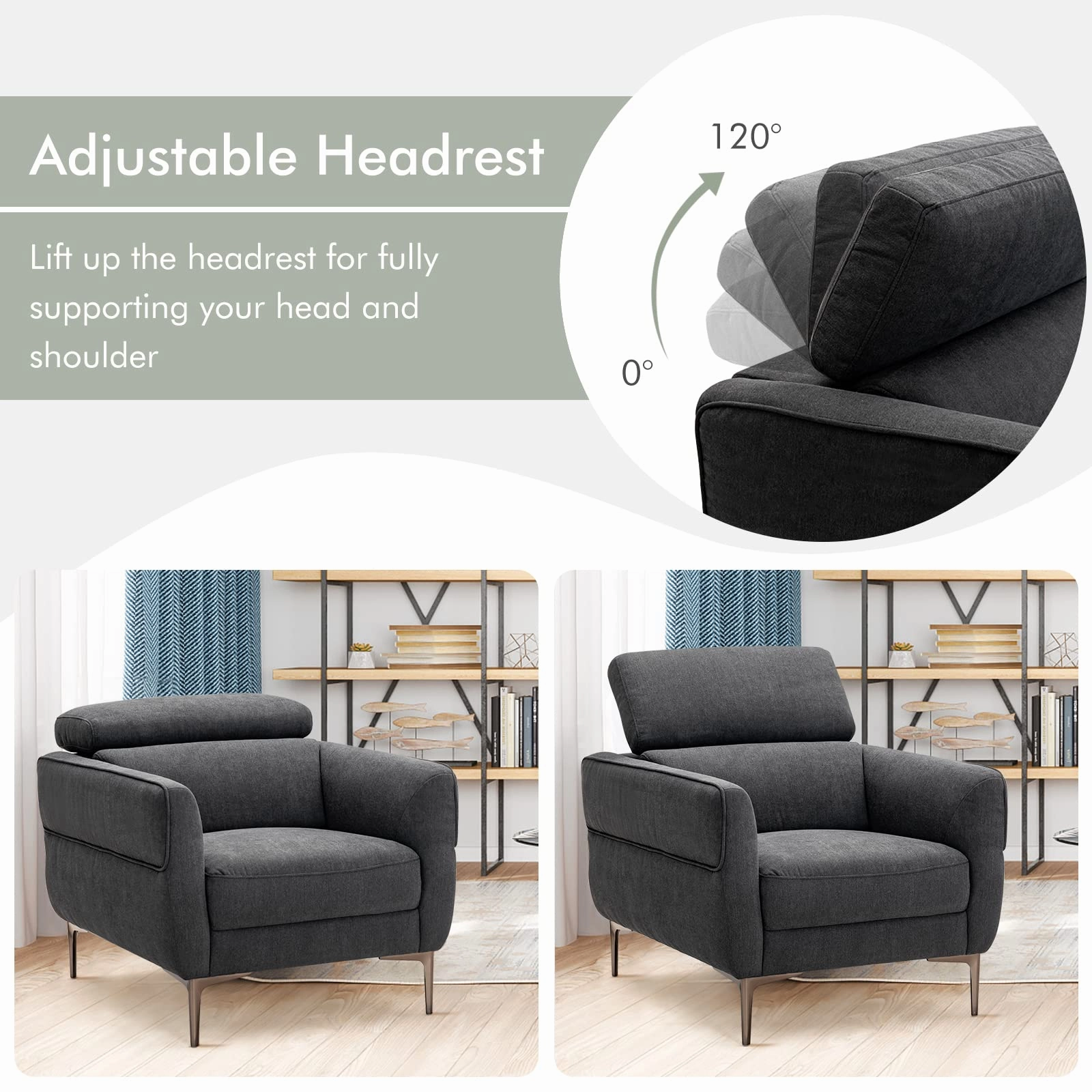 Giantex Accent Chair, Upholstered Single Sofa Chair with Adjustable Headrest