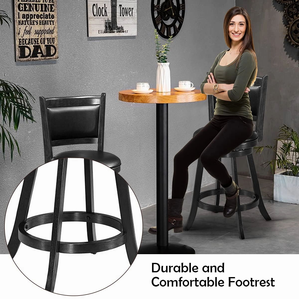 Giantex Accent Wooden Swivel Back Counter Height Bar Stool, Fabric Upholstered Design