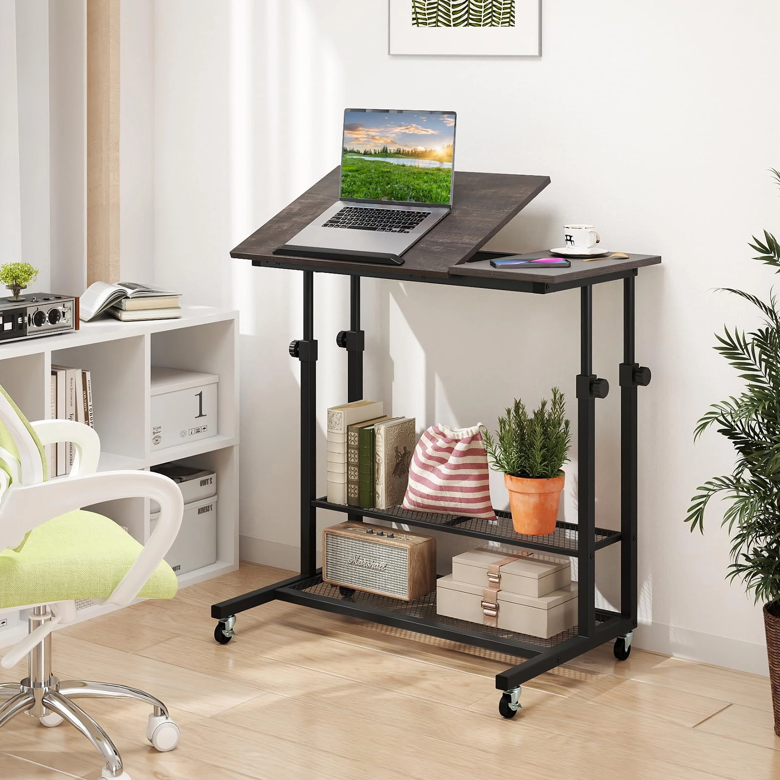 Giantex Adjustable Rolling Computer Desk with Tilting Desktop and Storage Shelves