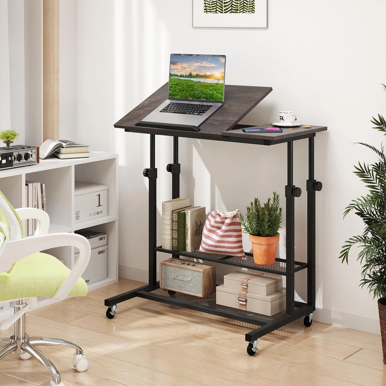 Giantex Adjustable Rolling Computer Desk with Tilting Desktop and Storage Shelves