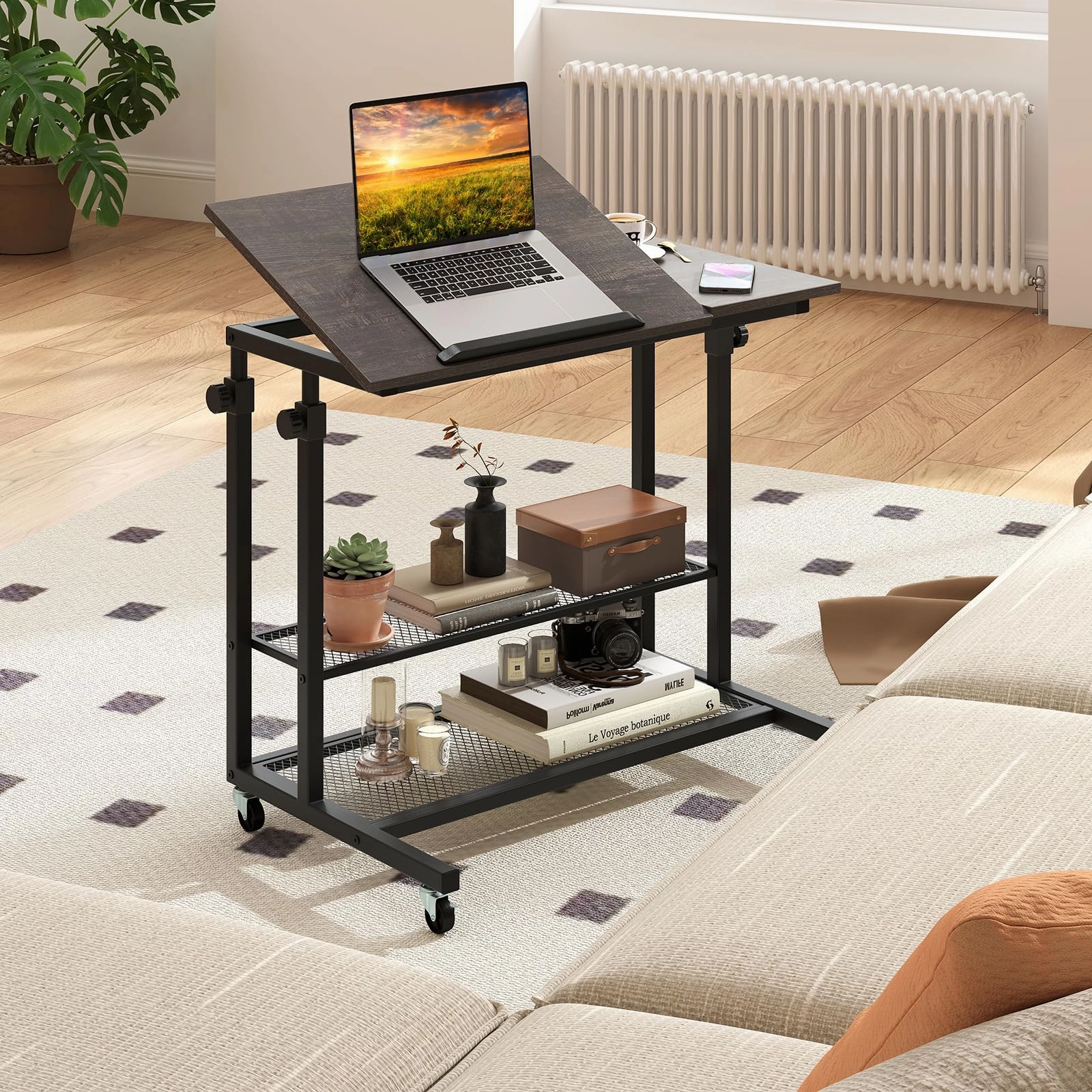 Giantex Adjustable Rolling Computer Desk with Tilting Desktop and Storage Shelves