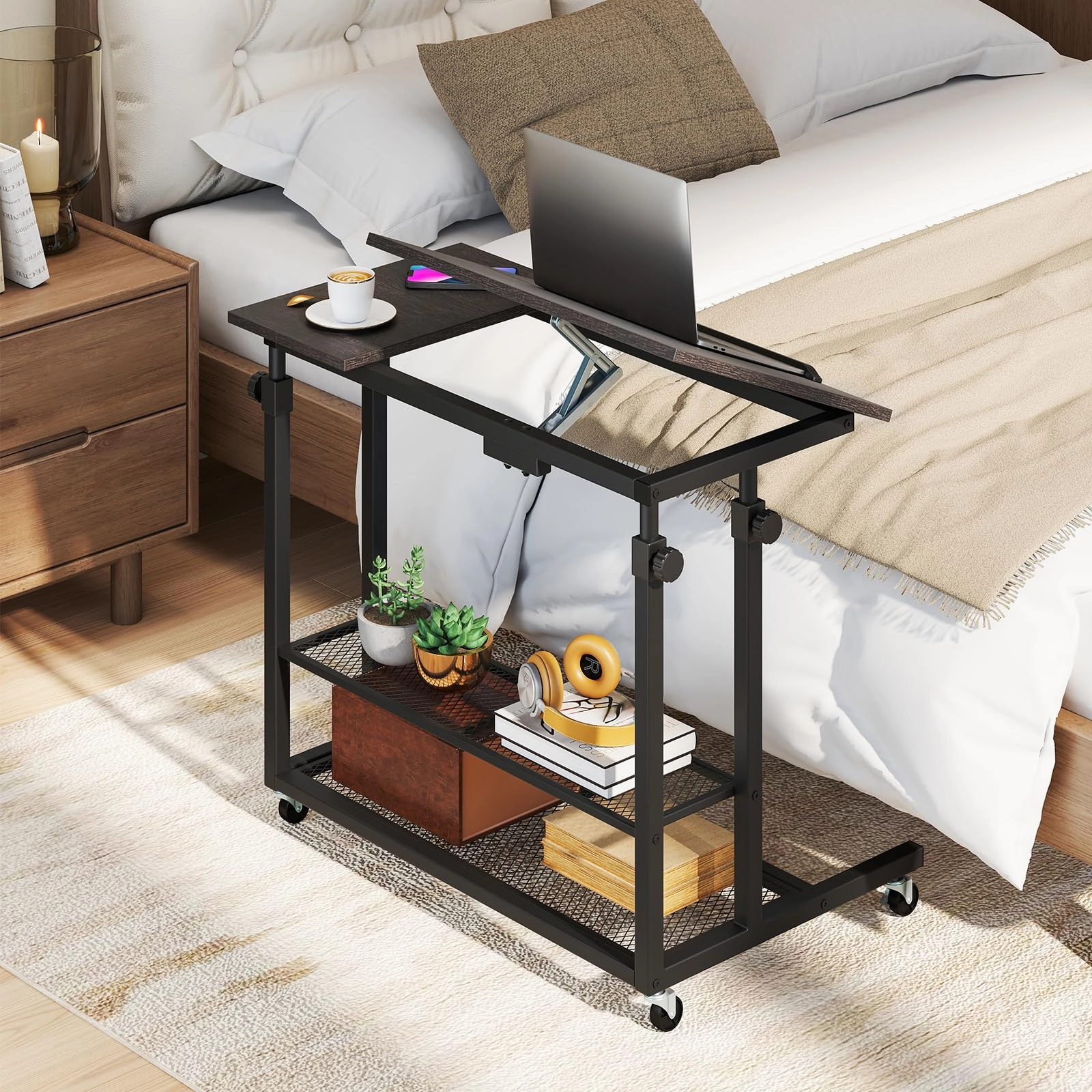Giantex Adjustable Rolling Computer Desk with Tilting Desktop and Storage Shelves