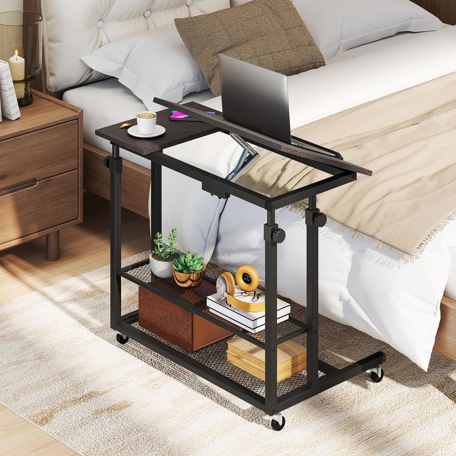 Giantex Adjustable Rolling Computer Desk with Tilting Desktop and Storage Shelves