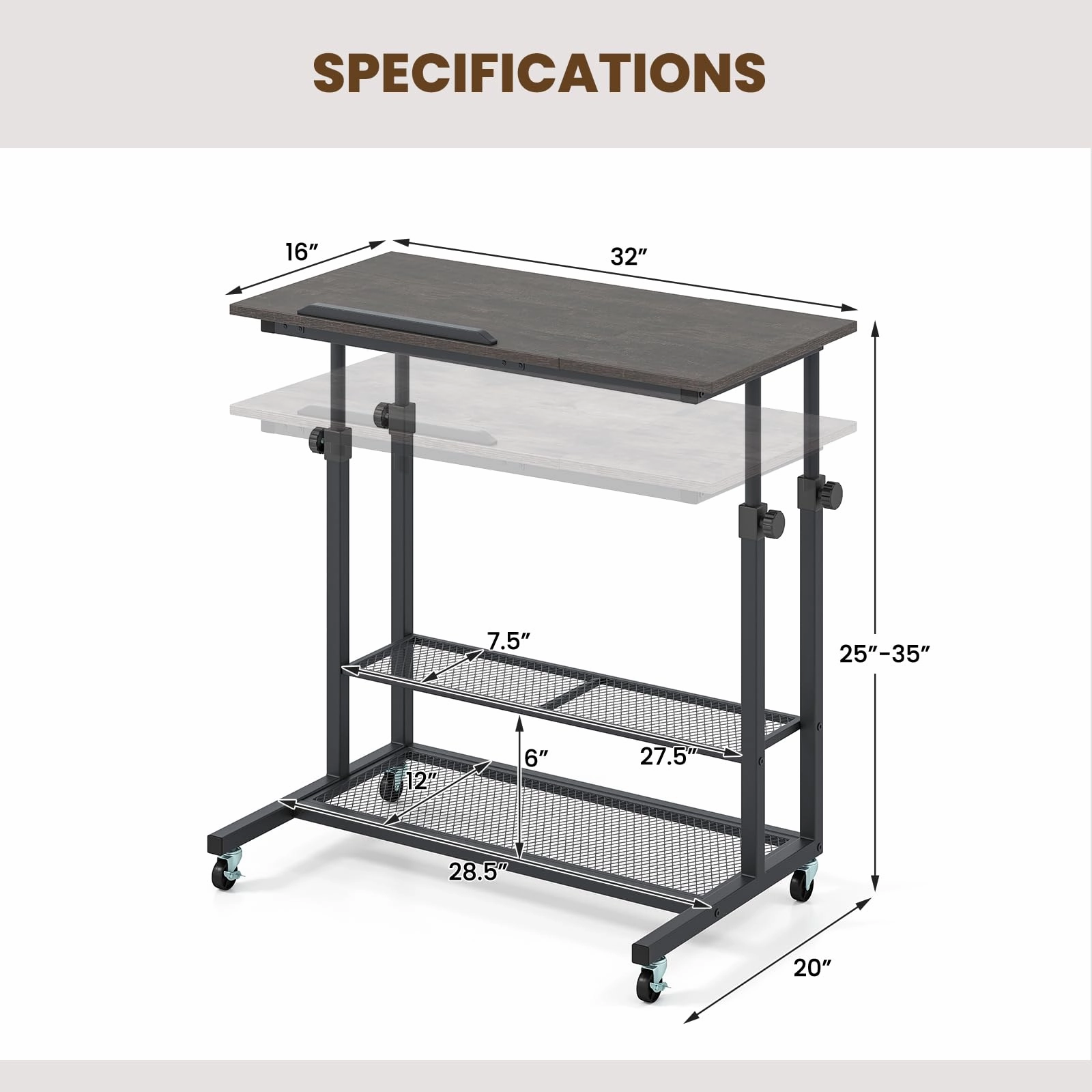 Giantex Adjustable Rolling Computer Desk with Tilting Desktop and Storage Shelves