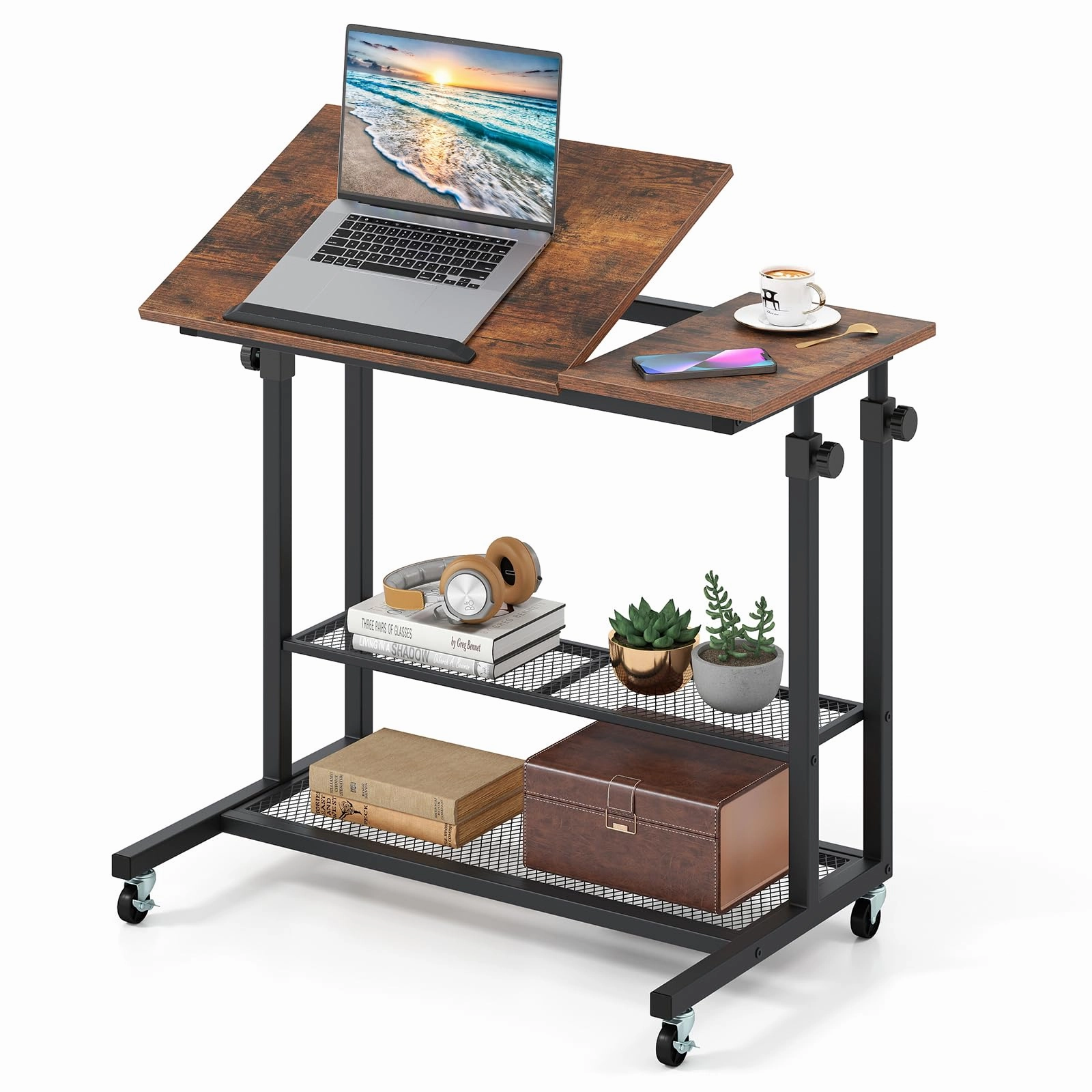 Giantex Adjustable Rolling Computer Desk with Tilting Desktop and Storage Shelves