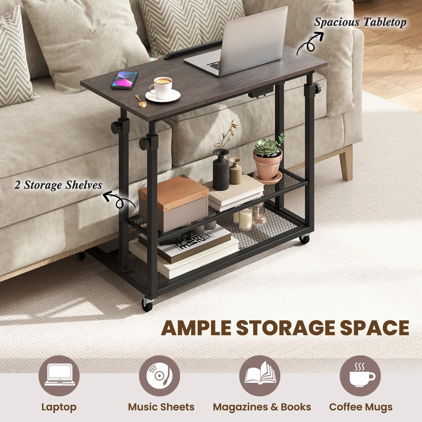 Giantex Adjustable Rolling Computer Desk with Tilting Desktop and Storage Shelves